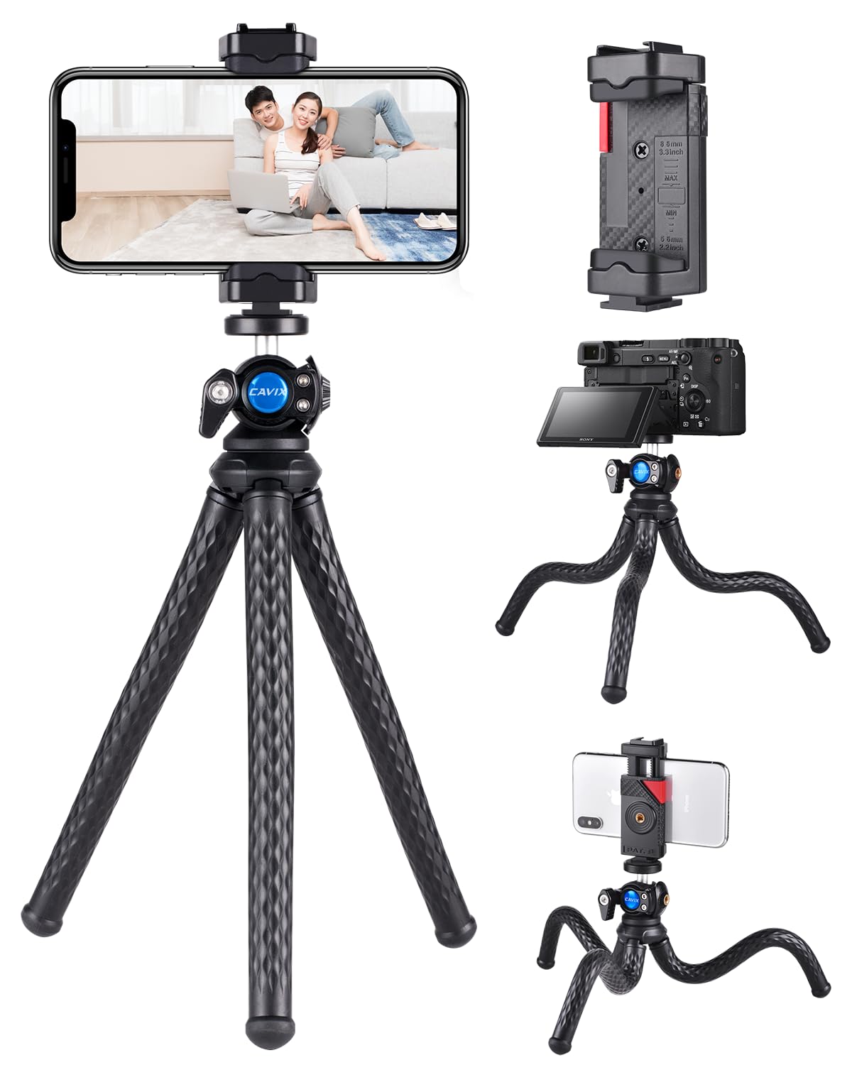 CAVIXCamera Flexible Tripod with Phone Mount with Cold Shoe, Flexible Phone Tripod for iPhone Cameras