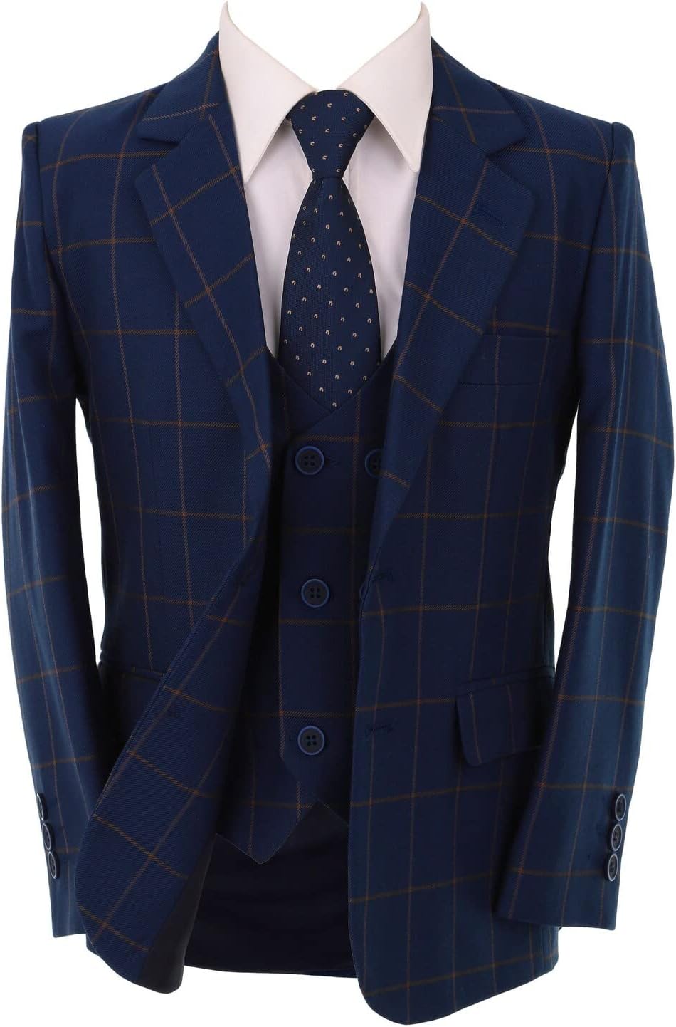 Boys Windowpane Check Woven Effect Suit Pageboy Navy Blue Formal Wedding 5 Piece Set