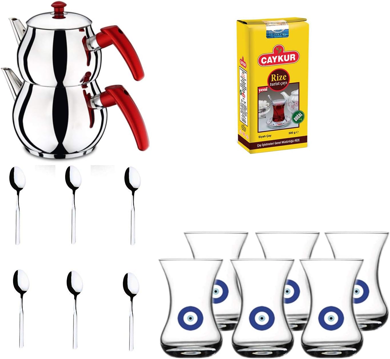 Original Turkish Tea Set, 22 PieceSet / 6 Spoons, 6 Saucers, Derin Lav, 4-Piece Kettle Teapot Set, Size: Mini (1.2 and 0.6 Litres)