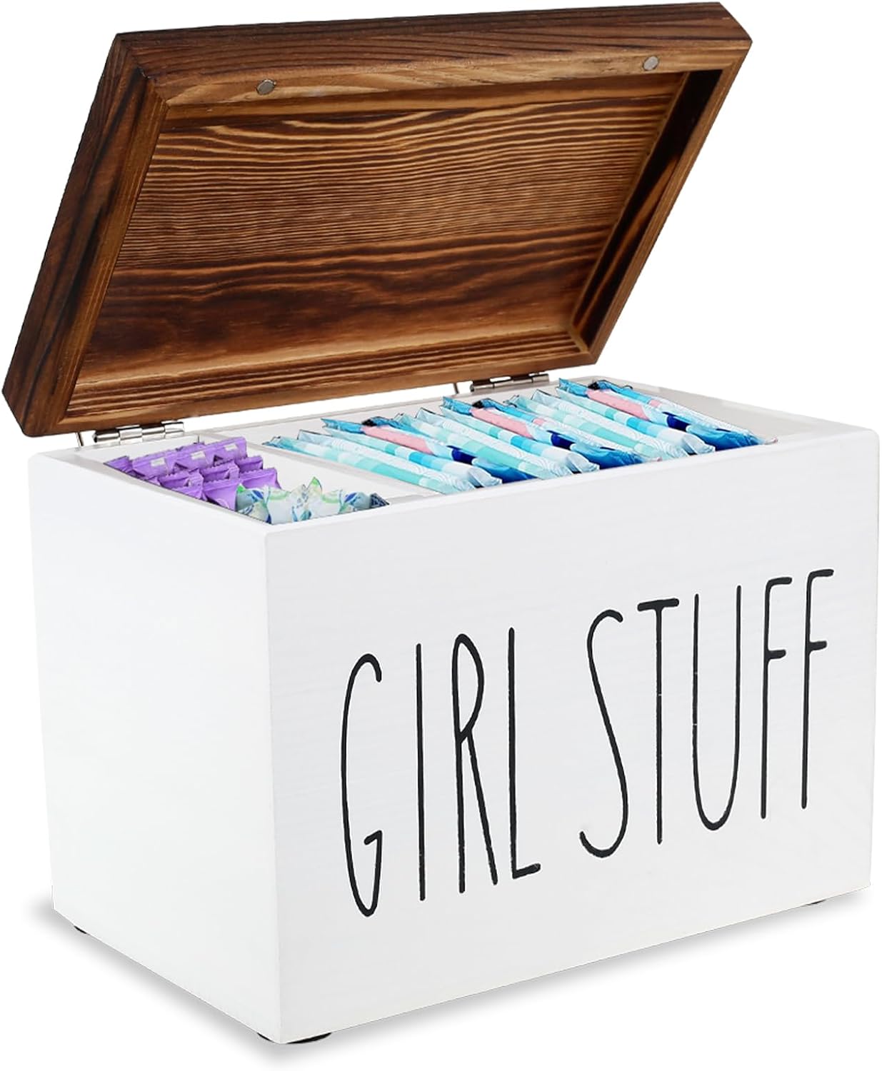 Tampon Holder Storage for Bathroom Versatile Tampon Sanitary Pad Storage Box Wood Storage Box Organizer Rustic Wood Bathroom Storage Bin with Lid Period Organizer for Women, Feminine Products Caddy