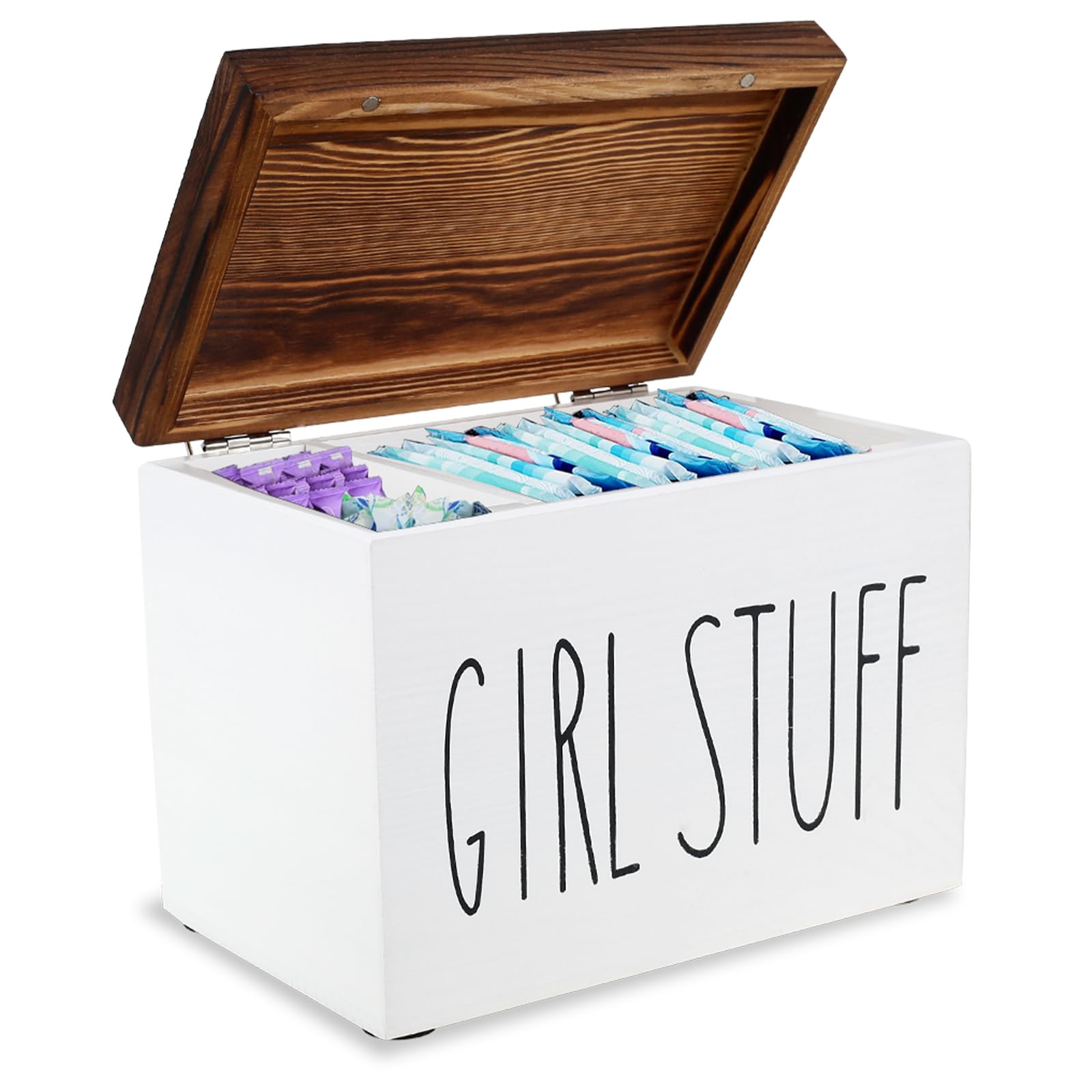 NZWBSHSSP Wooden Tampon Holder with Lid, 2-Compartment Sanitary Storage Box, Practical Large Capacity Lady Stuff Box, Feminine Products Organizer (White)