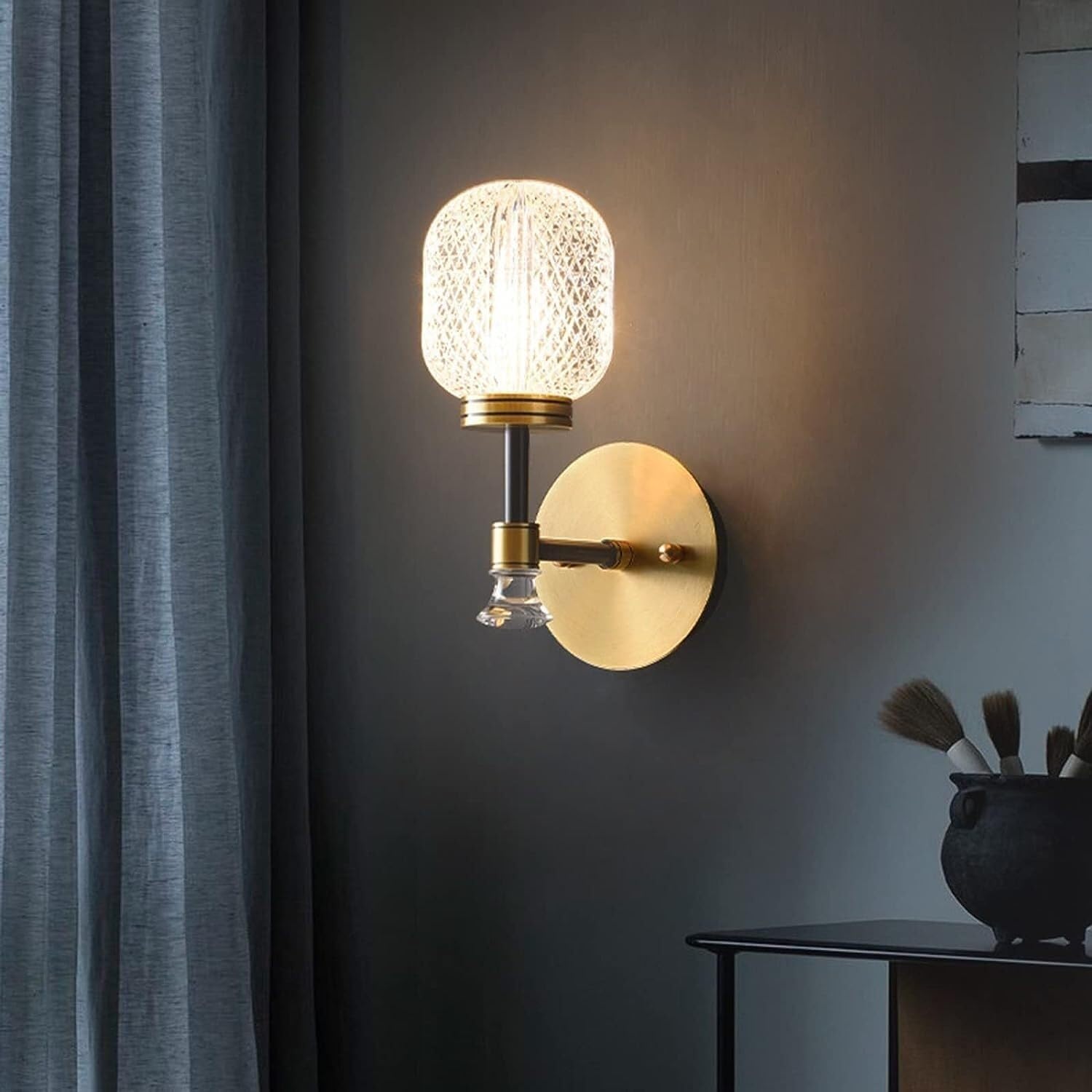 HPTHLY Brushed Copper Wall Sconce, Black Gold Crystal Wall Lamp, Mid Century Brass Bathroom Vanity Light, Diamond Glass Ball Wall Light Fixture For Bedroom, Living Roo