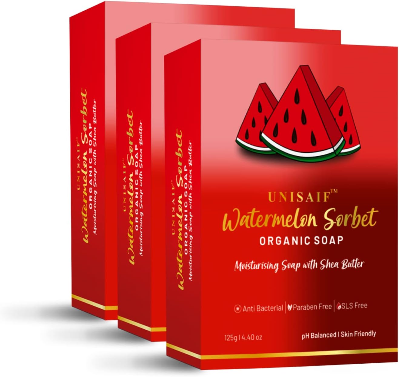 UnisaifWatermelon Sorbet Organic Soap, Moisturizing Soap With Shea Butter, Anti-Bacterial| Paraben FREE| SLS FREE| Ph Balanced| Skin Friendly 125g (Pack of 3).