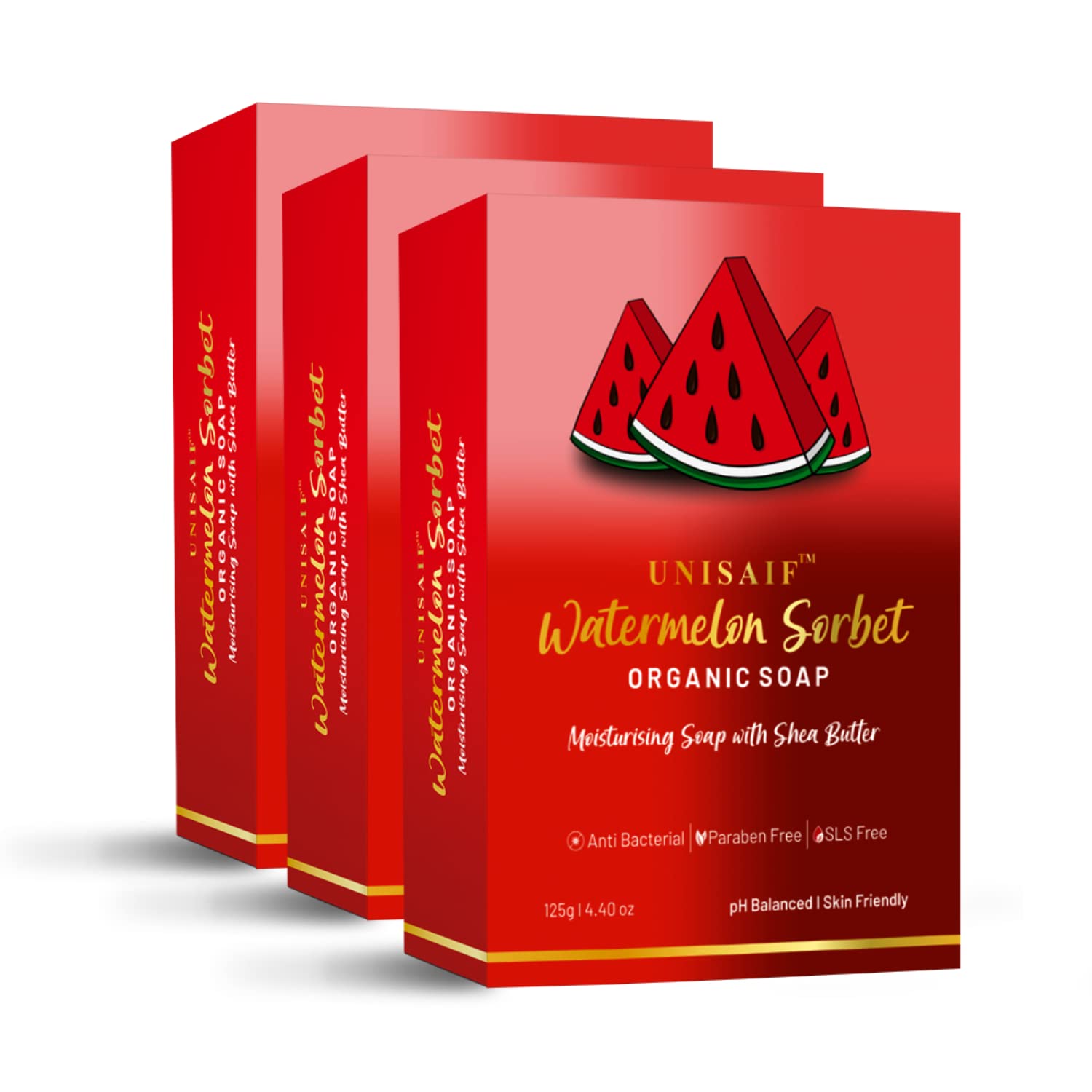 UnisaifWatermelon Sorbet Organic Soap, Moisturizing Soap With Shea Butter, Anti-Bacterial| Paraben FREE| SLS FREE| Ph Balanced| Skin Friendly 125g (Pack of 3).