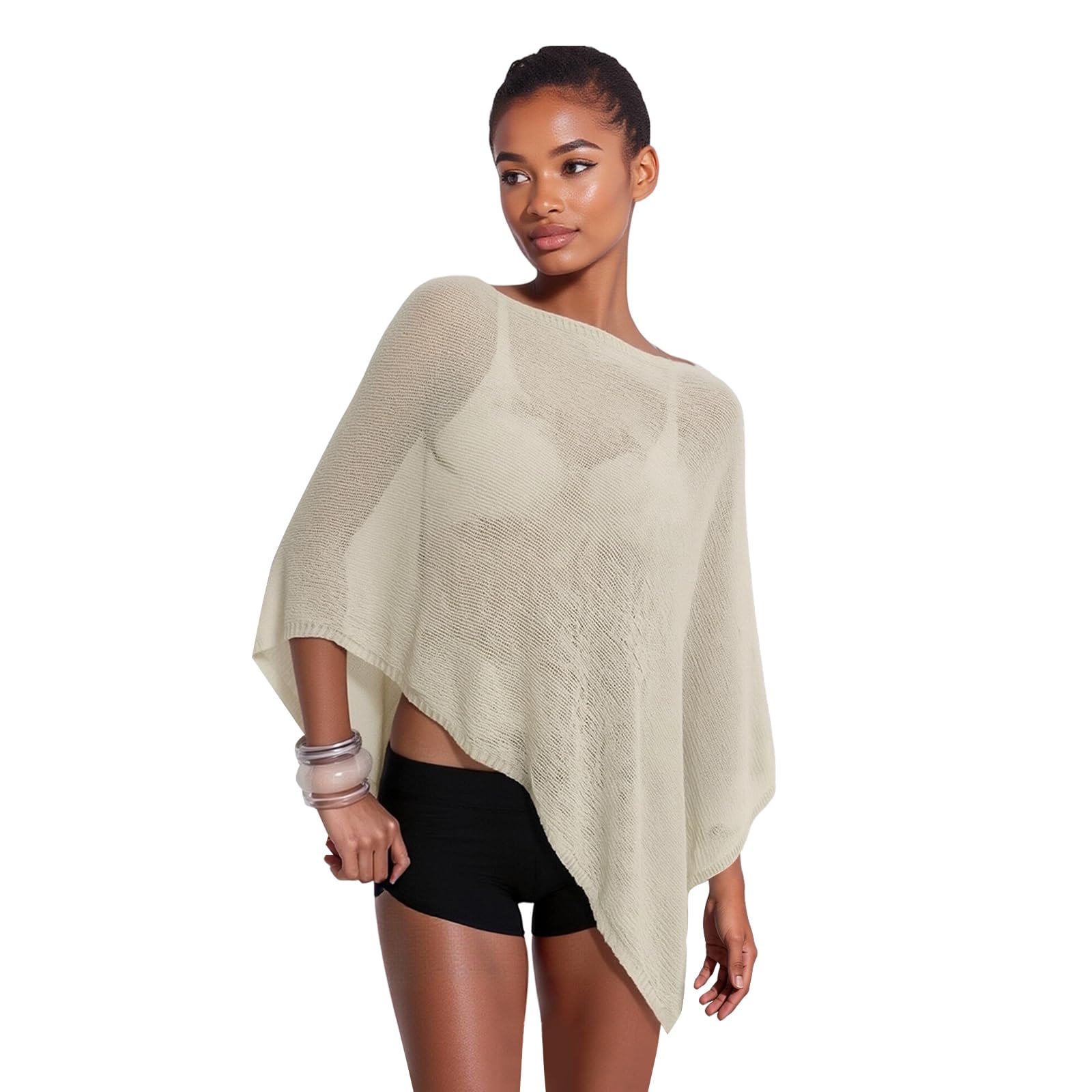 Women Sheer Poncho Top, Knit Crochet Bolero Mesh Shawl, Lightweight See Through Summer Shrug Beach Cover Up Y2K Style Beige