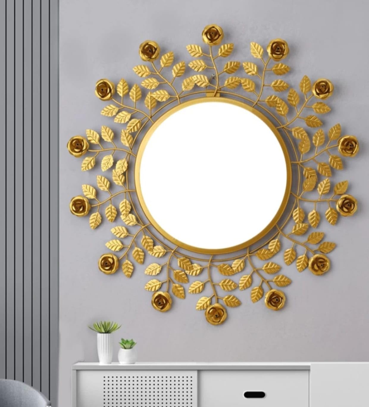 Golden Floral Metal Frame Round Mirror – 24x24 Inch Iron Wall Mounted Decorative Design | Elegant Wall Art for Bedroom, Living Room & Entryway-image-9