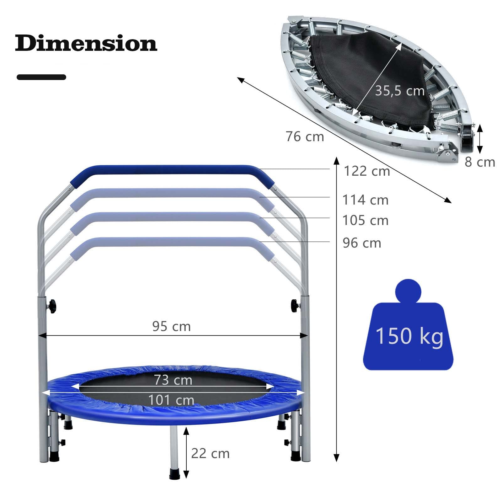 GYMAX Trampoline de Fitness Pliable avec Poignée Réglable à 4 Niveaux, Ressorts en Acier Renforcés, Couverture Rembourrée, Sac de Transport, pour Adultes/Enfants