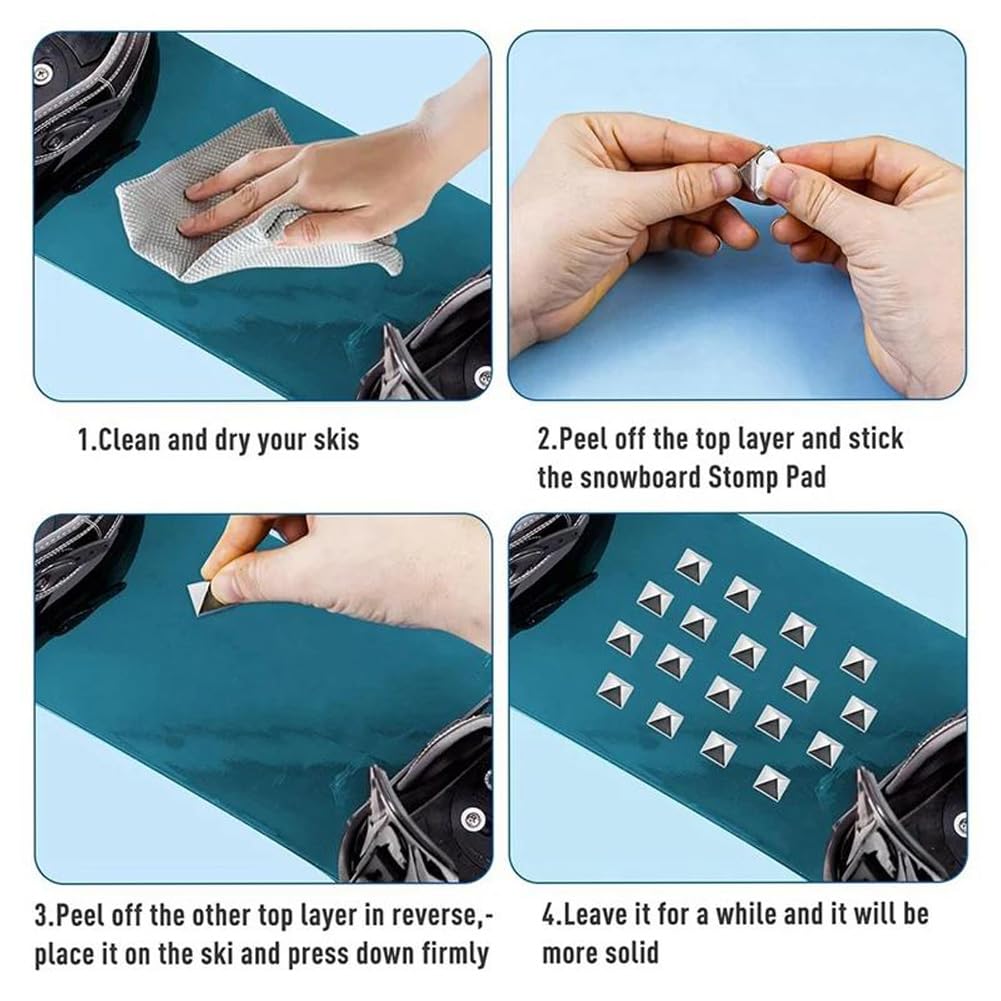 Tokaneit Cuscinetti per Lo Snowboard 18 Pezzi Argento Autoadesivo Piedini per Snowboard a Forma di Piramide,Antiscivolo per Sci Invernali,Tappetino Autoadesivo per Sci,Metallo Stomp Pad