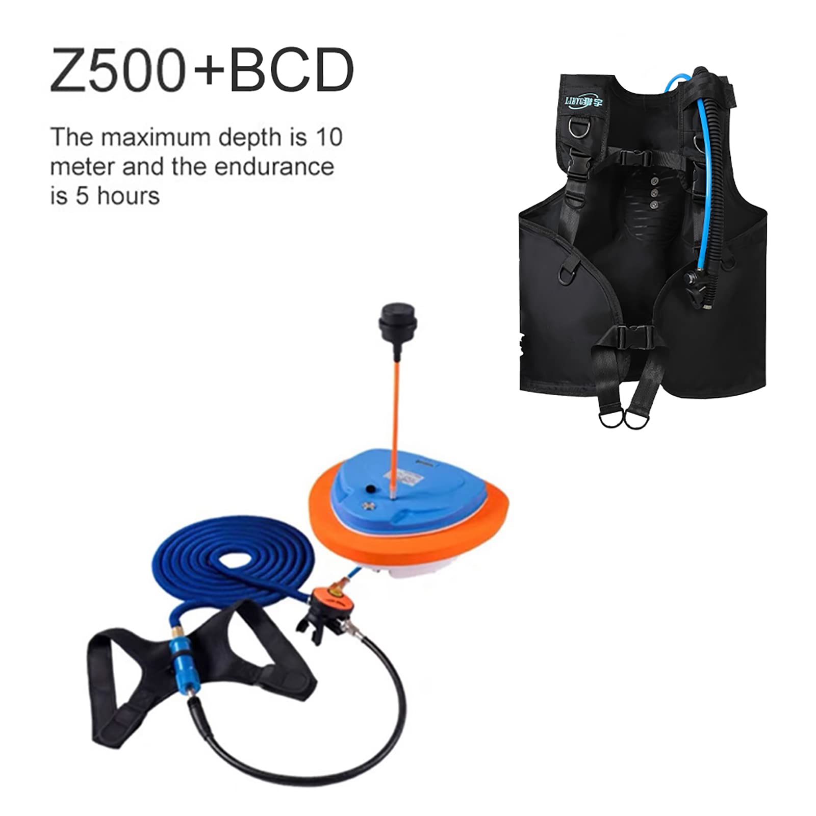 TUXING Diving Ventilator,5Hours Waterproof Rechargeable Scuba Diving Tank,with Scuba BCD,Diving without Tanks,45 ft Hose & Diving Breathing Regulator,Octopus Hookah with Mouthpiece (Blue Z500+BCD)