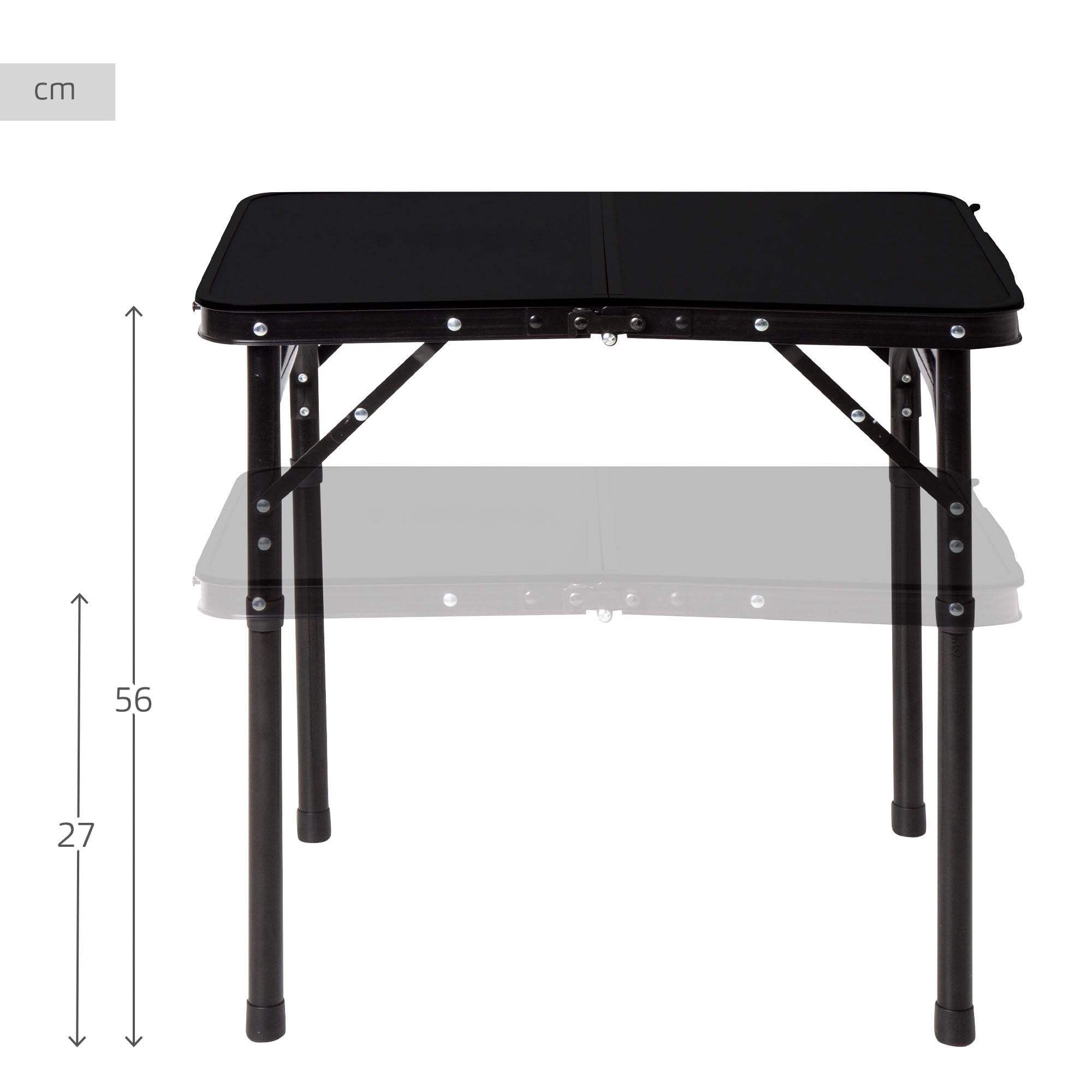 AKTIVE Mesa plegable pequeña, Negro, 60x45x27/56 cm, Altura ajustable, Topes antideslizantes, Soporta 30 kg, Asas transporte, Incluye red auxiliar desmontable, Mesas de camping, Playa, Jardín (63086)