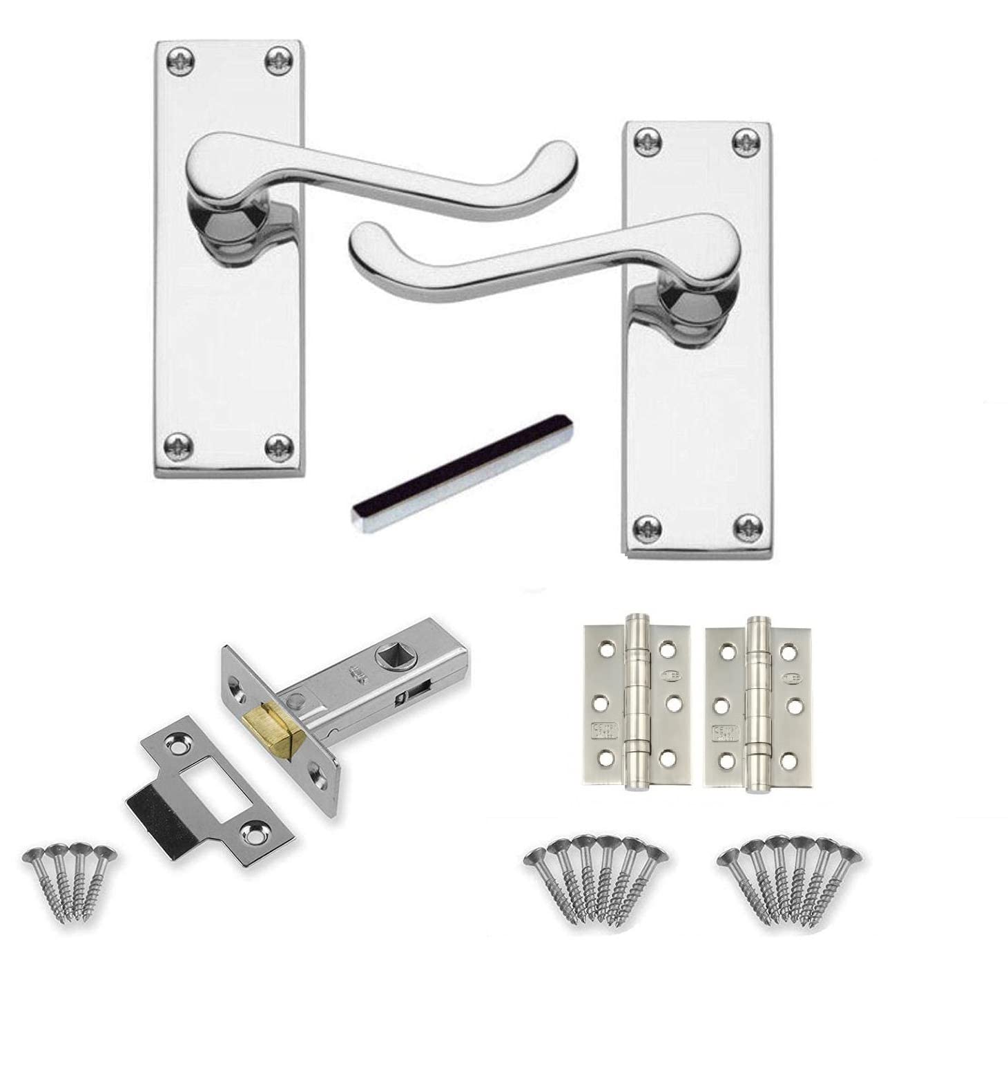 Golden Grace Polished Chrome Victorian Scroll Latch Door Handles In With 1 Pair Of 3" Ball Bearing Hinges & Latches Pack - 1 Set - 120Mm X 40Mm Backplate