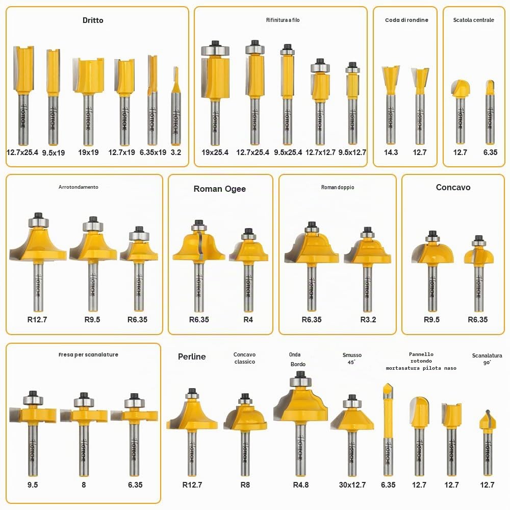 Hoteche Set di frese 35 pezzi, codolo 6 mm, utensili per lavorazione legno, per frese industriali, duro e morbido