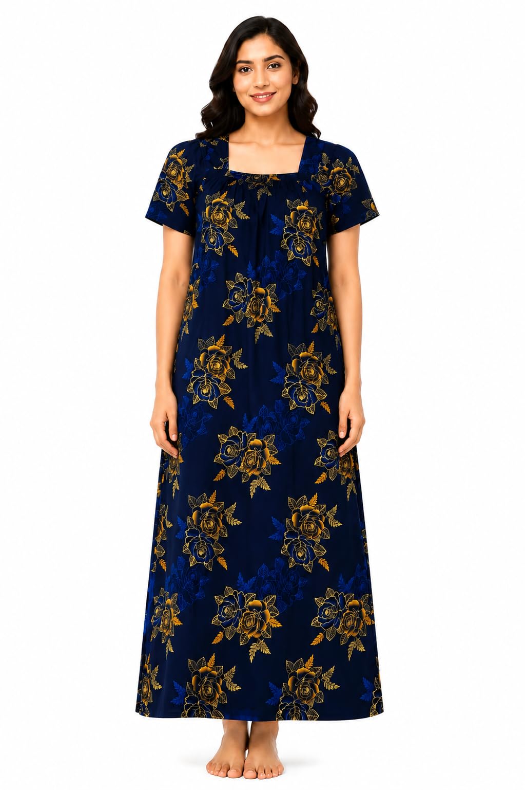 Women's Cotton Full Length Nighty | Floral Printed Maxi Night Gown | Soft & Breathable Short Sleeve House Dress | Comfortable Sleepwear | Navy Blue | XL-image-6