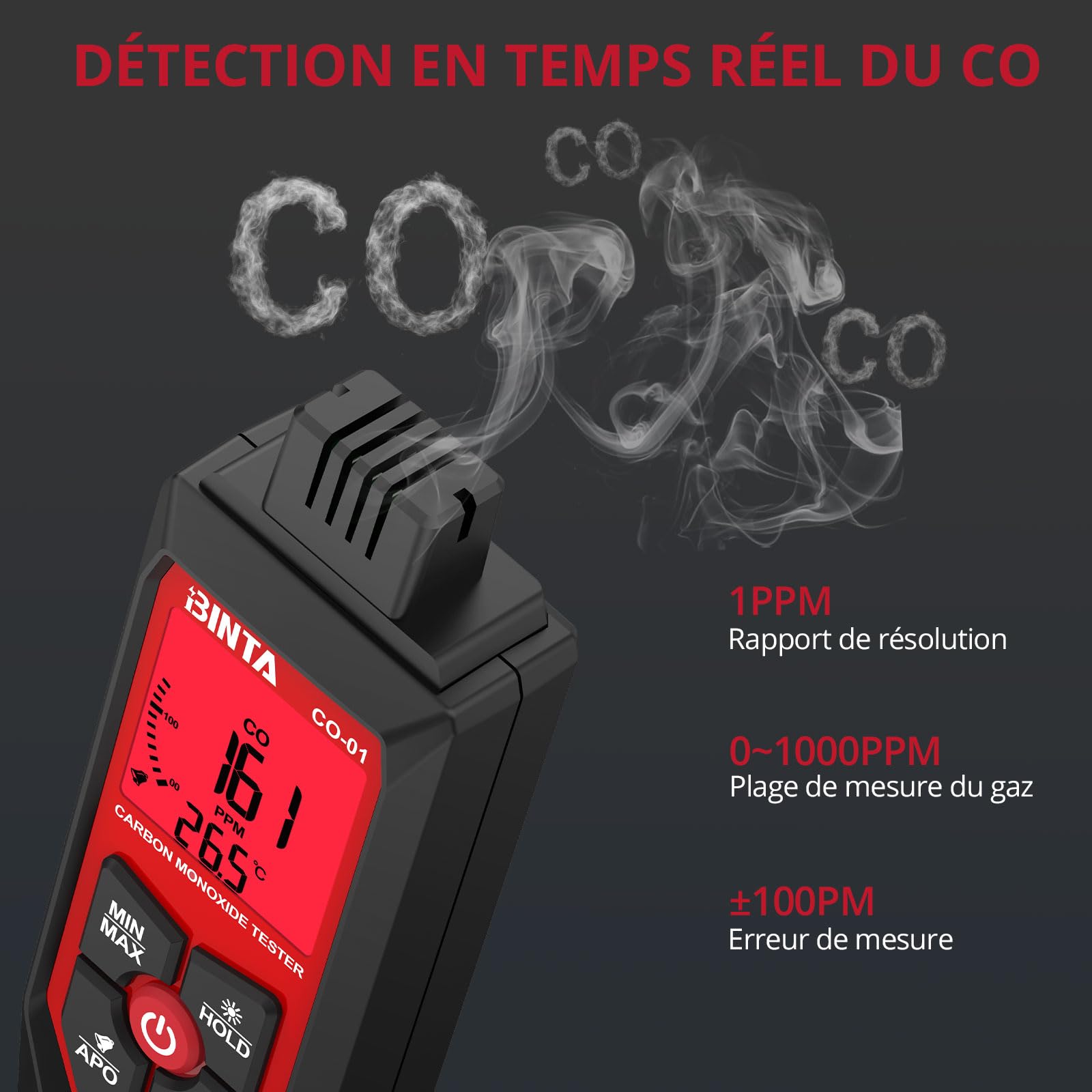 BINTA Détecteur CO Portable (0-1000 PPM), Testeur De Monoxyde De Carbone avec Alarme Sonore Et Visuelle, Écran LCD Rétroéclairé, Capteur De Température, pour Maison, Garage, Voiture, Camping