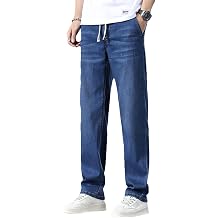ANUFER Mens Summer Thin Lightweight Lyocell Jeans Elastic Waist Straight Leg Casual Denim Trousers with Drawstring