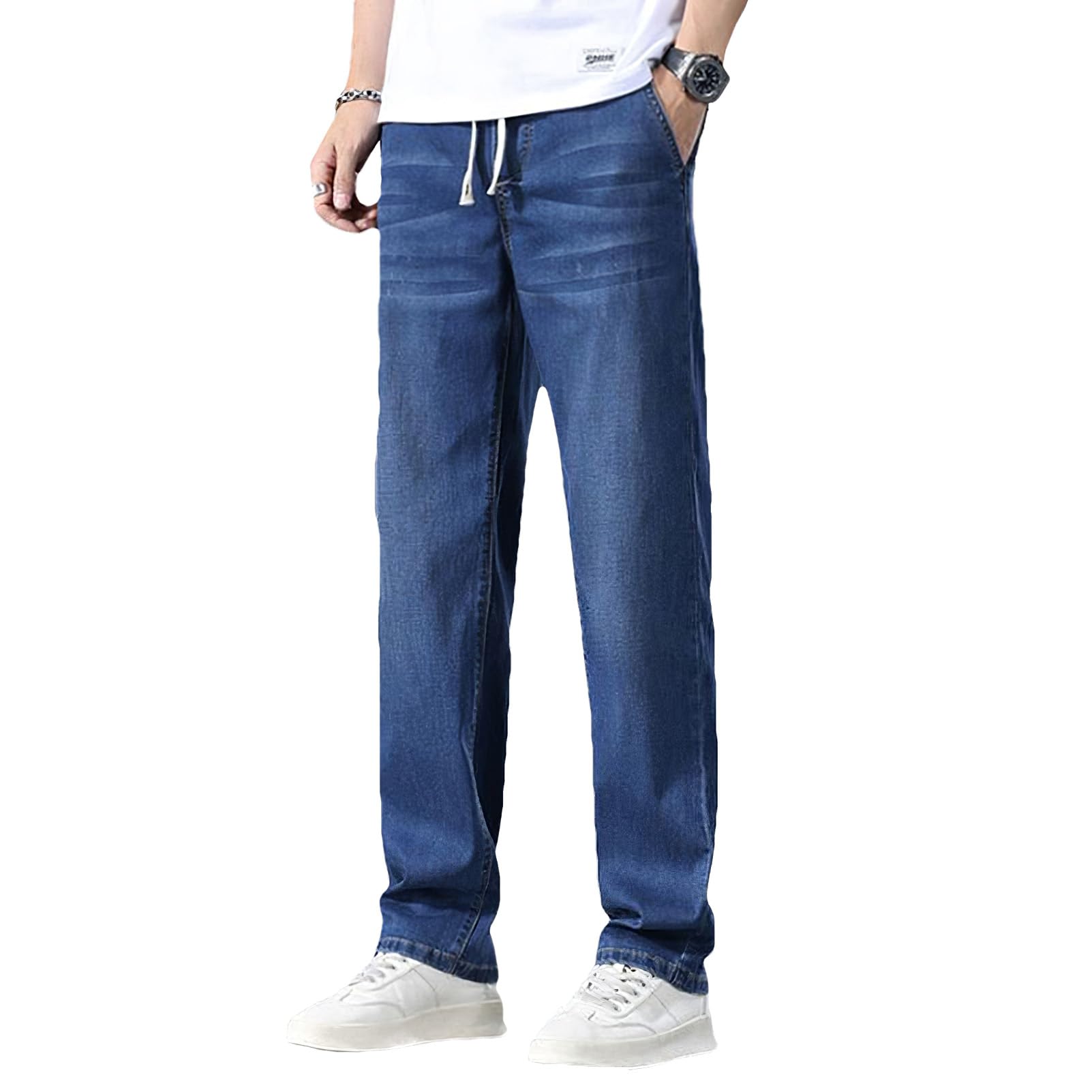 Hombre Verano Vaqueros Finos y Ligeros de Lyocell Pantalones Vaqueros de Cintura Elástica y Pierna Recta con Cordón Ajustable