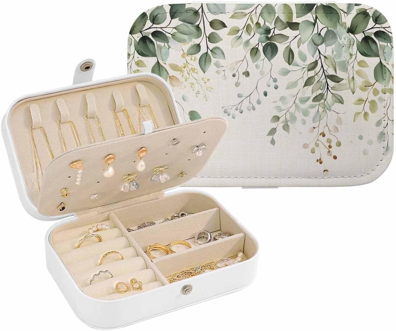Sage Green Eucalyptus Jewelry Organizer and Storage Box, Portable Travel Jewelry Box for Women, PU Leather Large 6.3x4.3x2 Inches Traditional Tree Branch Leaf Plant Earring Necklace Storage Case