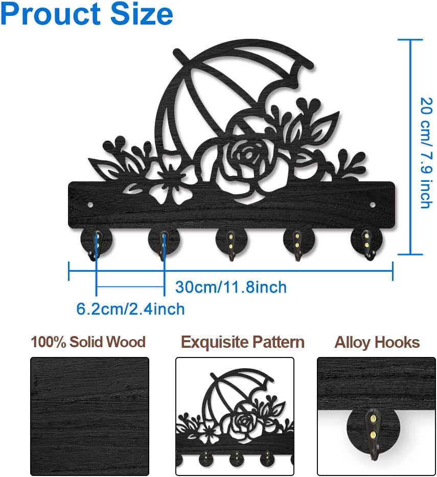 MAYJOYDIY Rose Umbrella Key Holder for Wall Flower Leaves Wall Mounted Key Hooks 11.8×7.9inch Wood Key Hanger Rack with 5 Alloy Hooks for Entryway Front Door Kitchen Office Decoration image 2