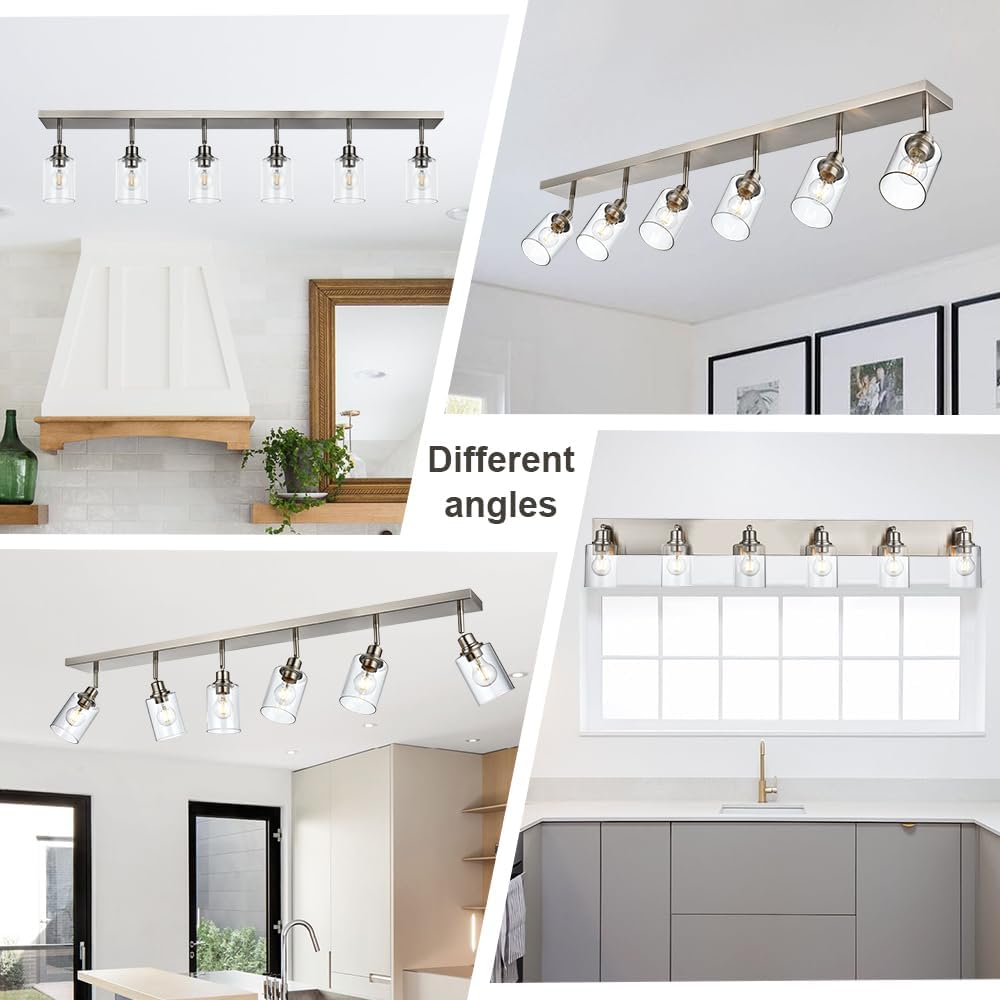 6 Light VINLUZ Bathroom Light Fixtures Classic Vanity Lighting Black Multi-Directional Rotating Metal Ceiling Spotlight with Adjustable Track Heads with Clear Shade