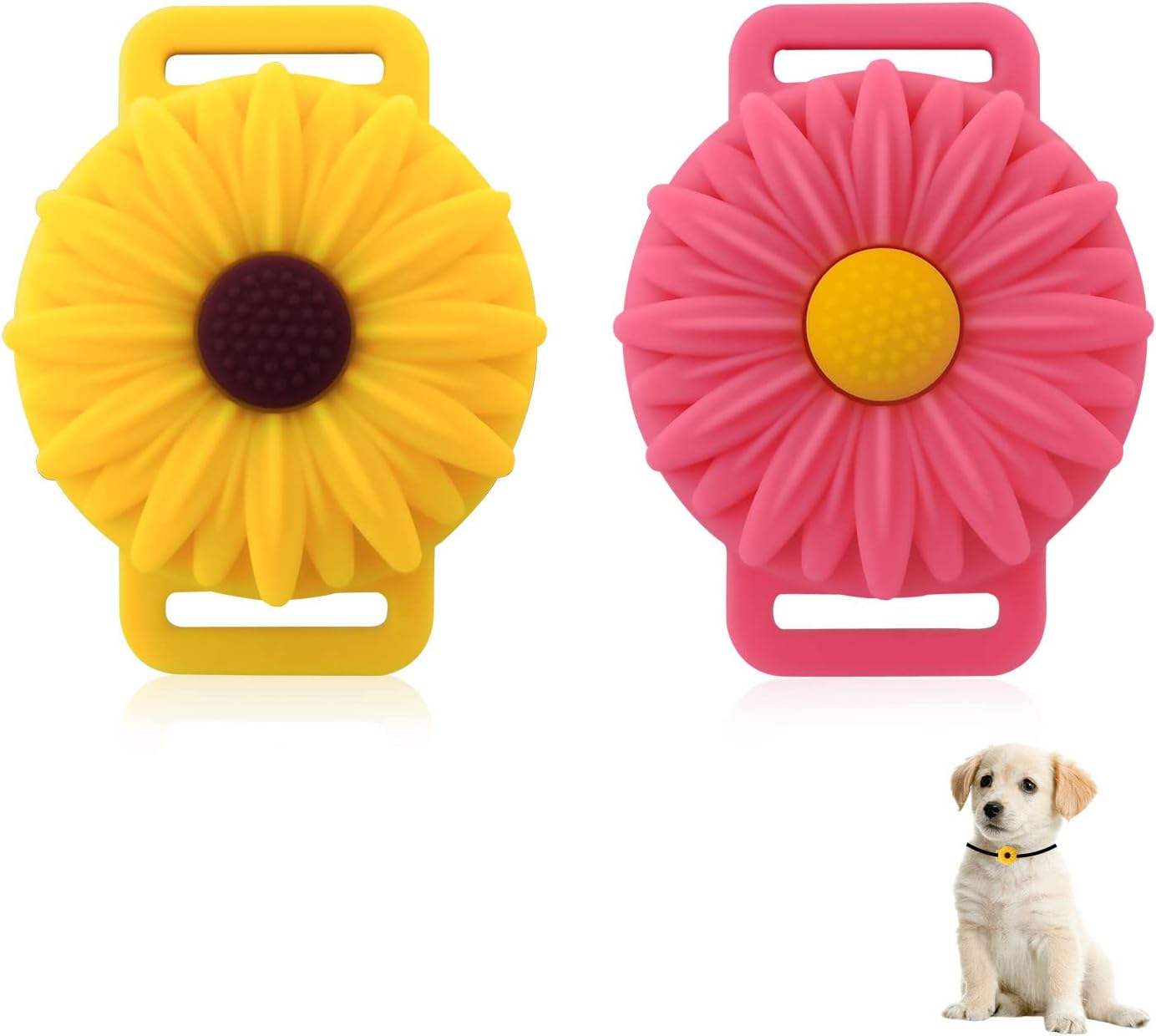 FuninCrea Sunflower Pet Apple AirTag Case for Collar, Durable Silicone AirTag Holder for Dogs and Cats Summer Anti-Lost AirTag Cover Suitable for AirTag 2021 (Yellow+Pink)