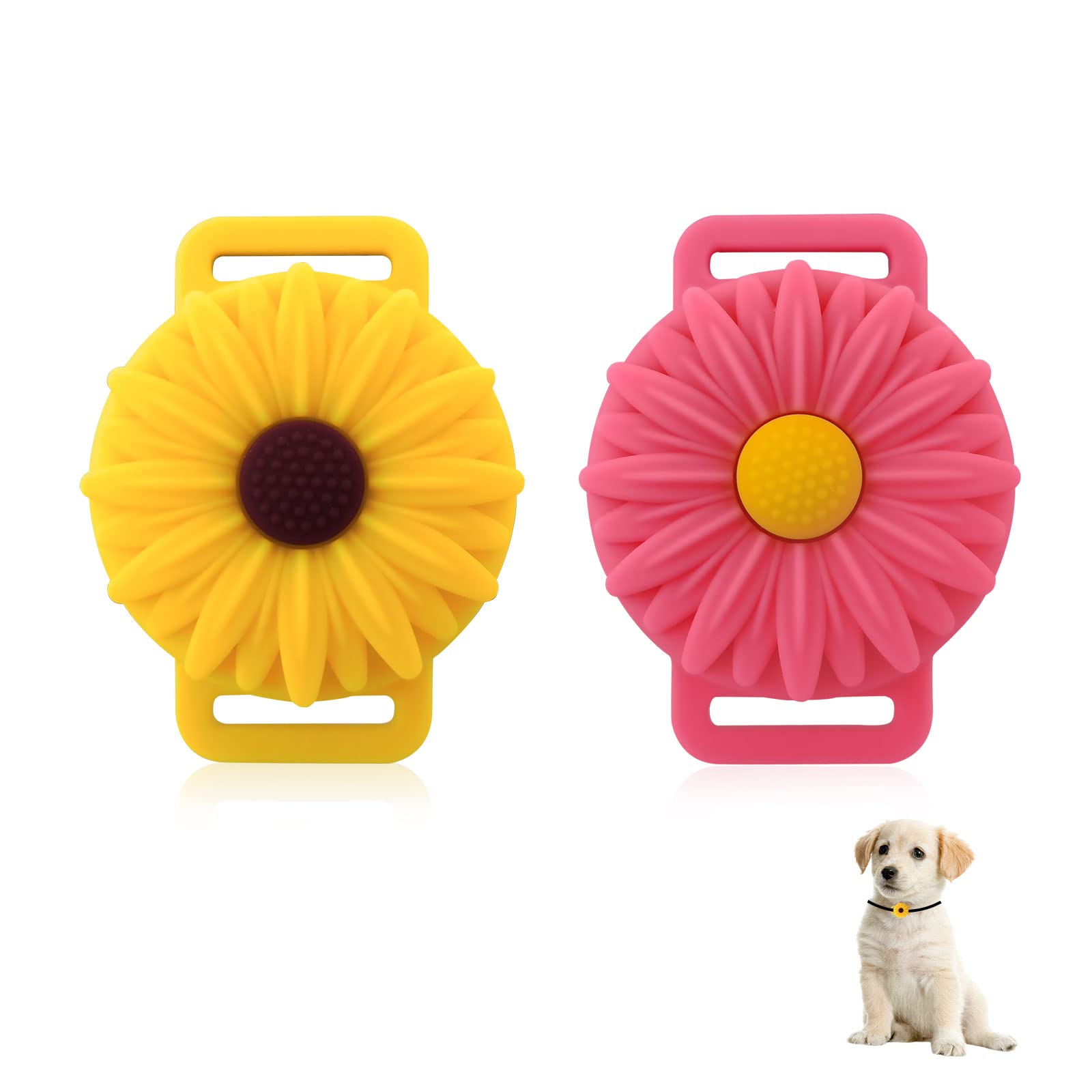 FuninCrea Sunflower Pet Apple AirTag Case for Collar Durable Silicone Anti-Lost AirTag Holder for Dogs and Cats (Yellow+Pink)
