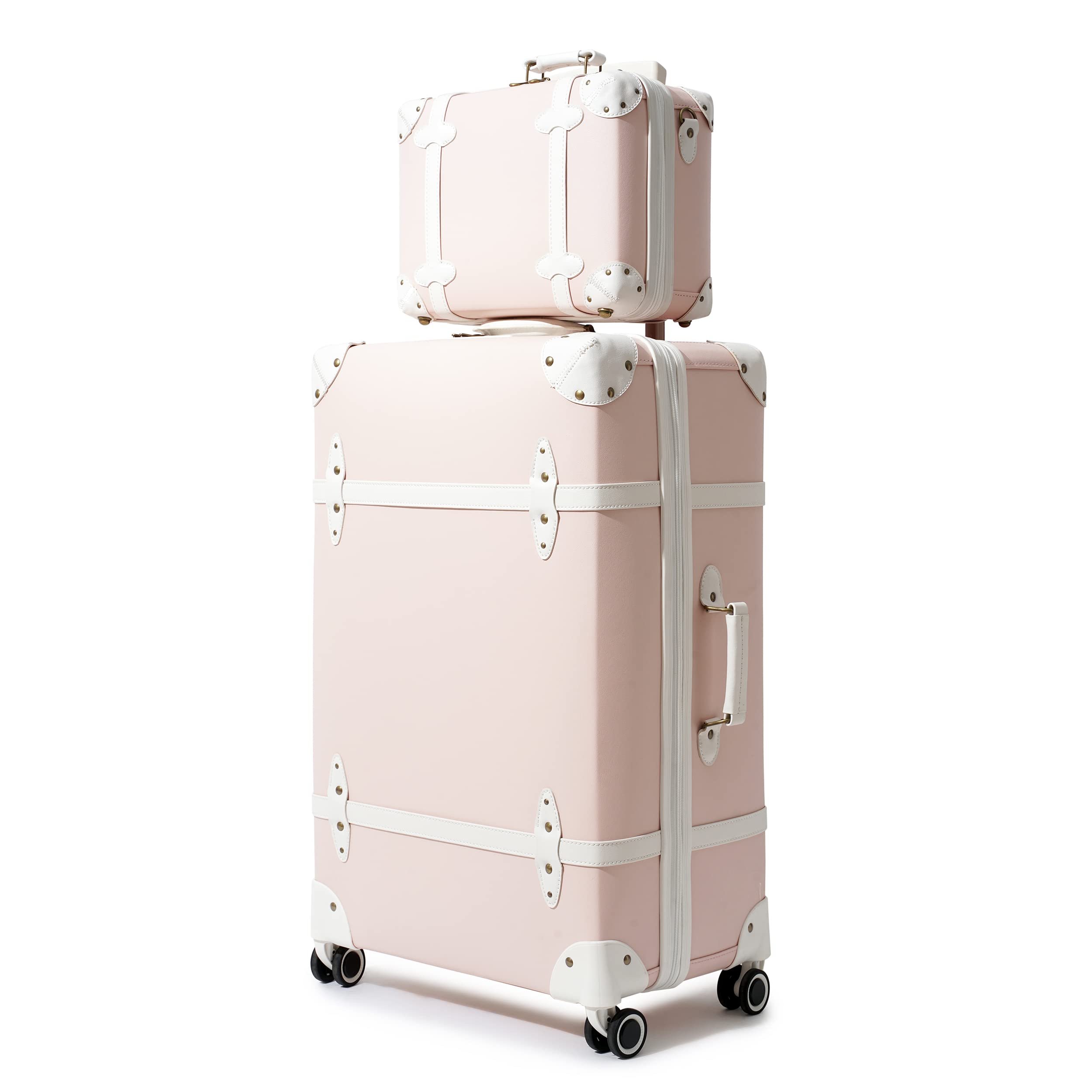NZBZVintage Luggage Set of 2 Pieces, Lightweight Hardside Spinner Suitcase with TSA Lock and 8 Wheels, Pink, 14inch & 28inch, Zipper Vintage Luggage