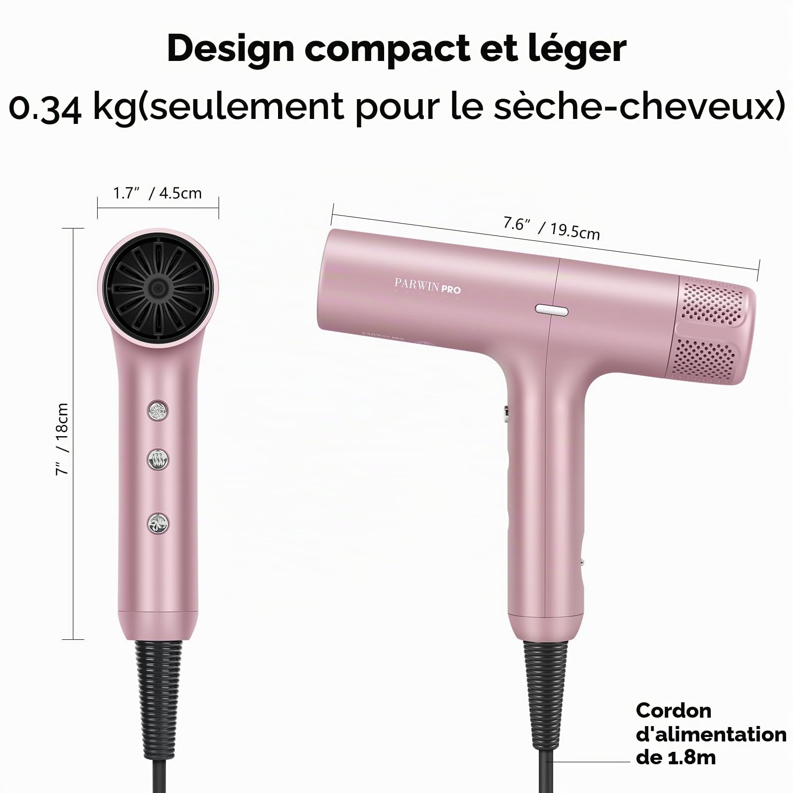 PARWIN PRO BEAUTY Sèche-cheveux ionique unique moteur sans balais de 110 000 tr/min à faible bruit microfiltre innovant diffuseur magnétique écran LCD pour la maison le salon et les voyages (Rose)