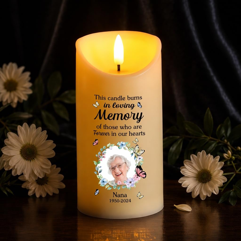 Personalised Memorial LED Candles with Photo Engraved Name and Date Flameless Electronic Candles Lamp with Battery Memory Gift Sympathy Remembrance Gift (C)