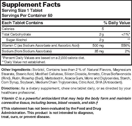 Chewable Vitamin C. Great tasting low sugar essential vitamin, does not promote tooth decay. 500mg, 60 Tablets.