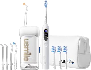 【5-in-1 Bundle】 usmile C10 Portable Water Flosser White, Y20 PRO AI Smart Electric Toothbrush White, Standard Nozzles, Replacement Brush Heads & Travel Case – Complete Oral Care Set for Home & Travel