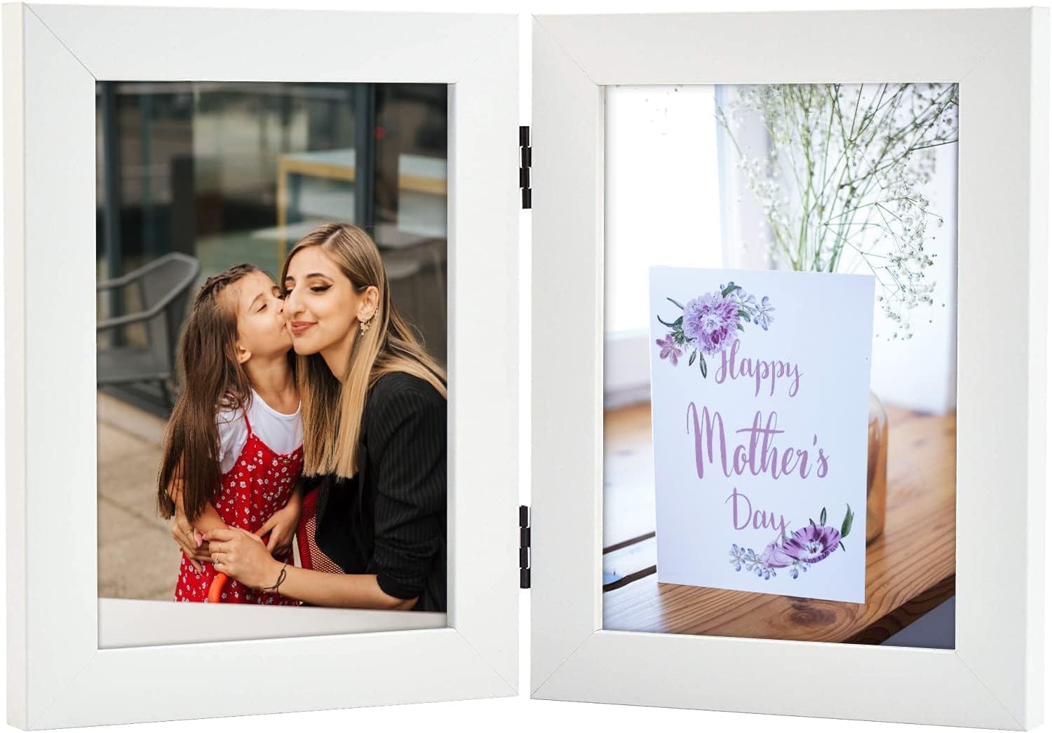 Frametory, 5x7 Double Picture Frame Hinged Photo Frames Two Folding Frame Desktop Glass Frame Vertical (White, 5x7 Double)