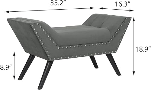 Miniatura 4 de Adeco Moderno otomano tapizado de tela, patas de madera y adorno de cabeza de clavo para dormitorio, entrada, sala de estar, bancos de