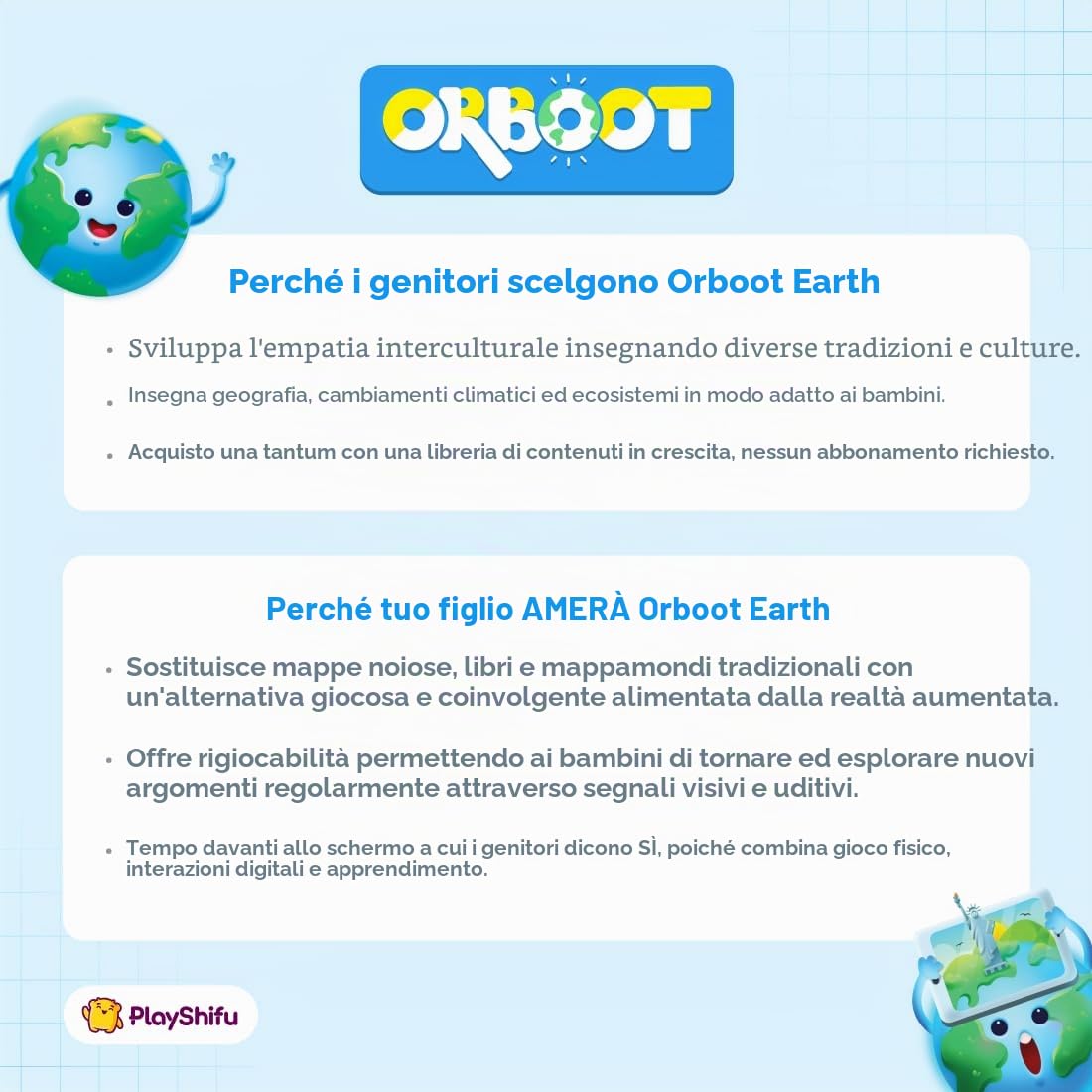 Orboot Earth by PlayShifu (App Based): globo interattivo AR per bambini, giocattolo STEM per ragazzi e ragazze età 4-10 | Giocattolo educativo regalo (senza frontiere, nessun nome sul globo)