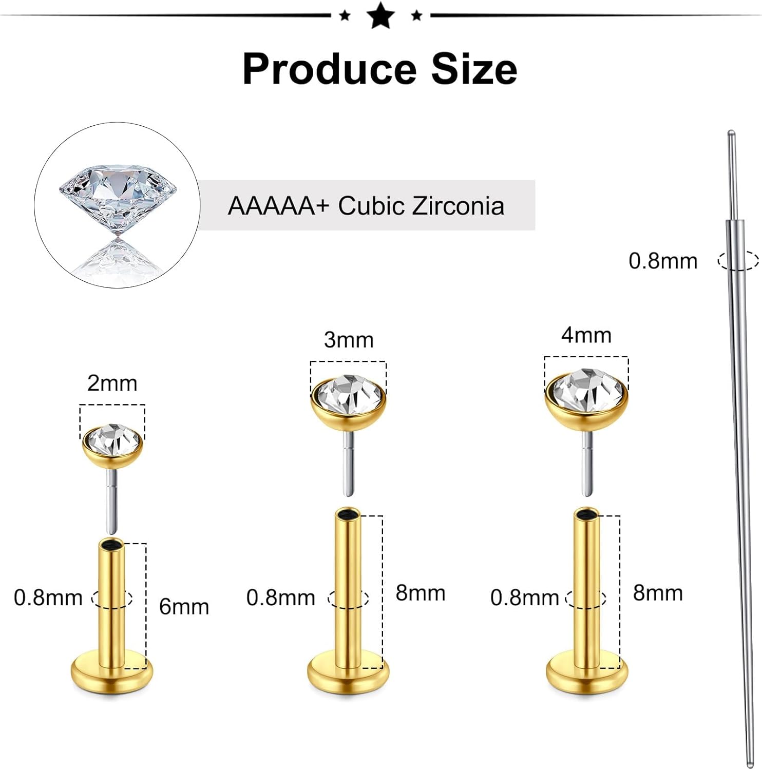 Zolure 18G/20G Flat Back Earrings Stud Threadless Nose Studs Surgical Steel Push in Earrings Tragus Cartilage Labret Helix Lip Conch Medusa Piercing Jewelry - Image 2