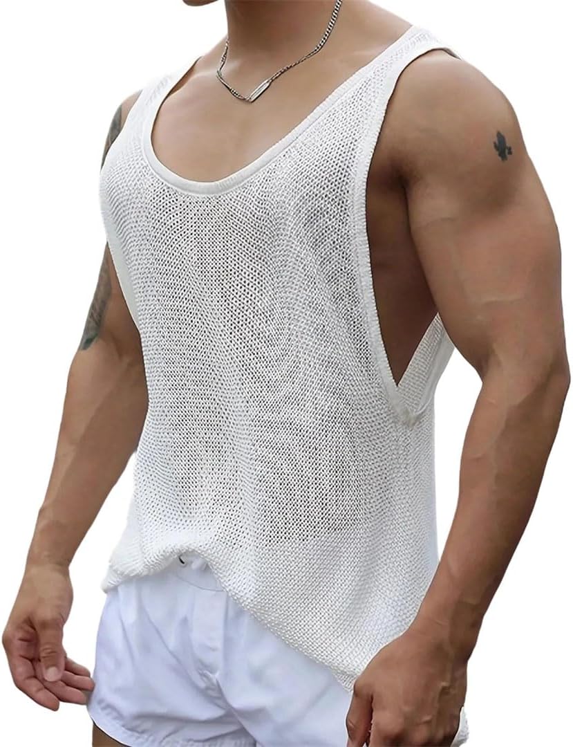 Men Tank Tops Knit Hollow Out Sleeveless Loose Fit Casual Summer Vest