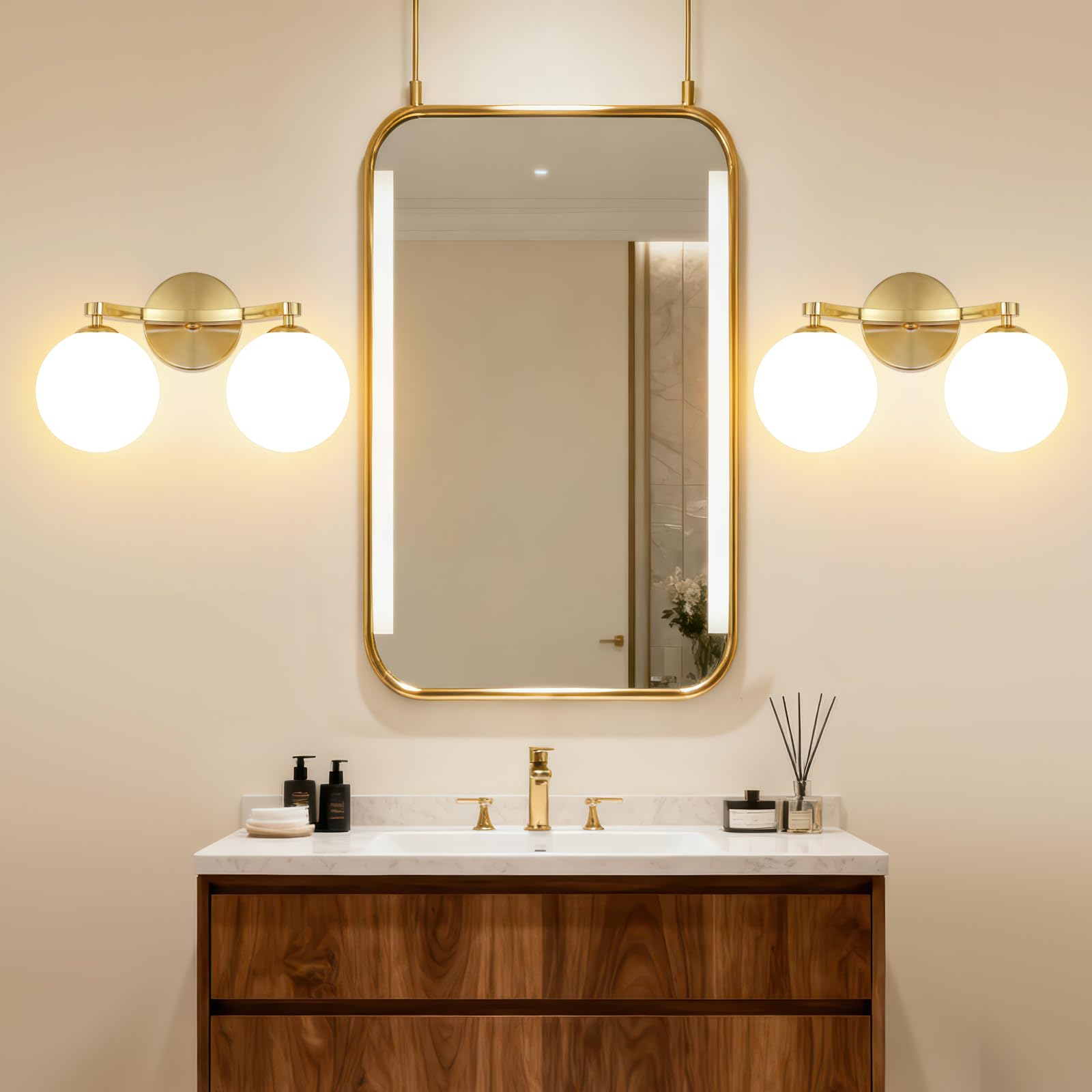 MantoLite Applique murale LED contemporaine avec deux abat-jours sphériques, lampe de lecture/miroir, comprend 2 ampoules G9