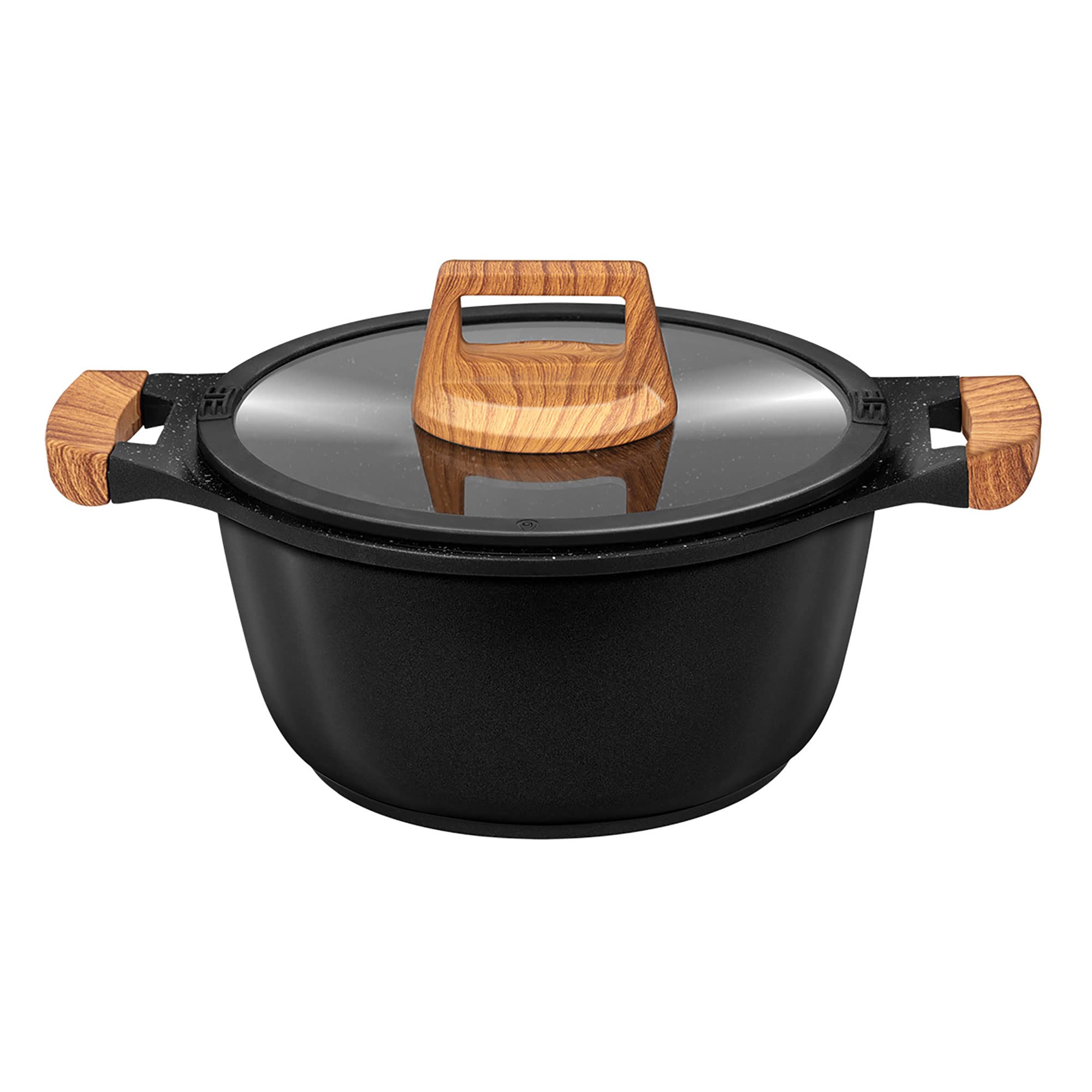 Smile Wood MGK-23 Batería Cocina Inducción 6 Piezas Aluminio Fundido Antiadherente ILAG, Set Cazuelas Tapas Cristal + Sartén, Asas Efecto Madera + Utensilios de Cocina, Vitrocerámica, Gas
