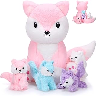 5 Pcs Fox Plush Toy Set 1 Mommy Fox Stuffed Animal with 4 Cute Plush Baby Foxes in Her Tummy Soft Cuddly Fox Plushie Set for Birthday Gifts Christmas Wedding Party Favors, 14 Inch