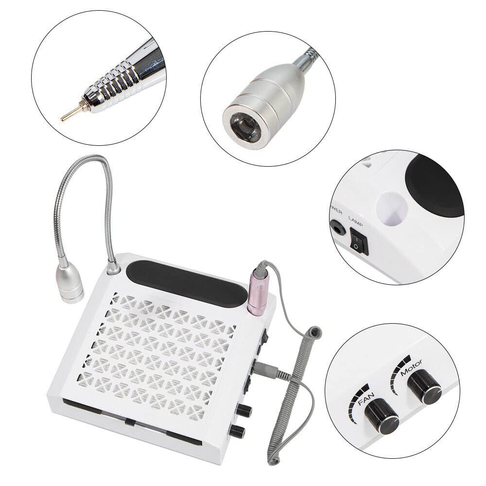 Kit d'extraction de poussière - Ponceuse à ongles électrique - Avec aspiration - Aspirateur à ongles professionnel - Avec filtre et lampe - Pour salon de manucure - Table avec 6 embouts - Lampe LED -