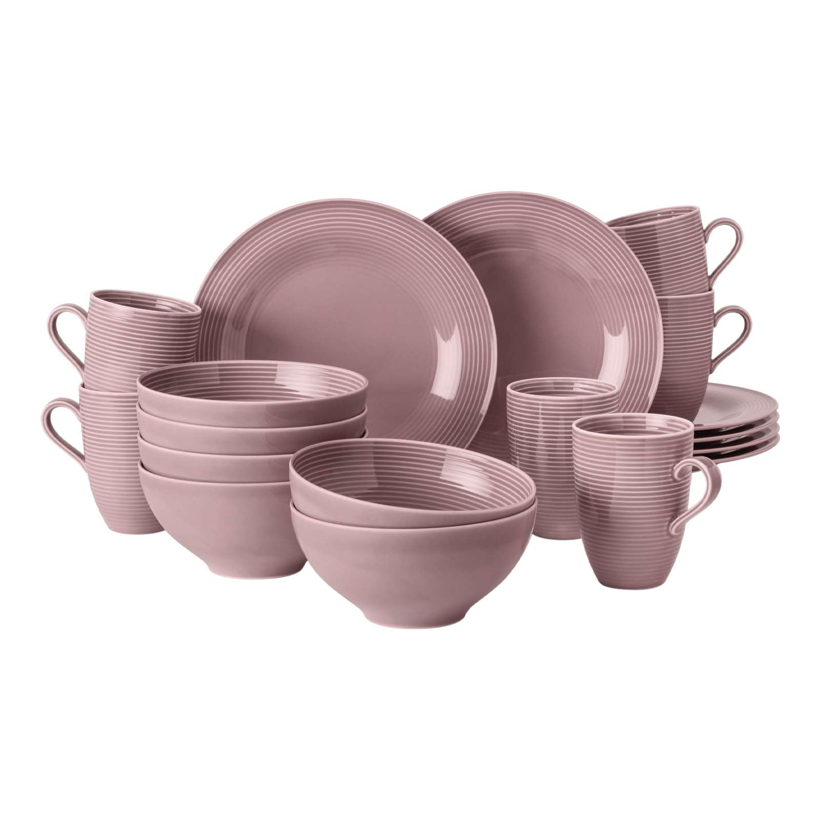 Seltmann Weiden Beat Color Glaze Frühstücksservice 18-teilig – Henkelbecher, Müslischalen und Frühstücksteller für 6 Personen – Porzellangeschirr mit Rillenrelief, Spülmaschinenfest – Altrosa