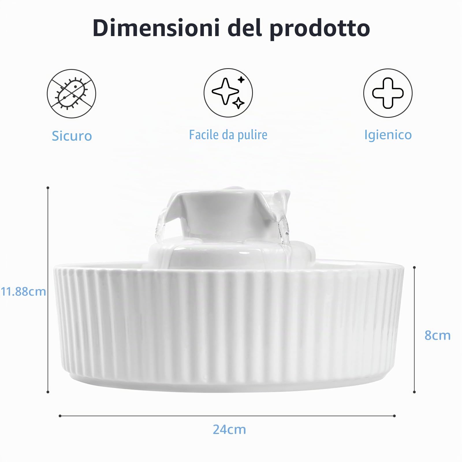 Fontana in ceramica per gatti, 2,1 l, con 1 filtro e schiuma e 1 pompa ultra silenziosa, colore bianco