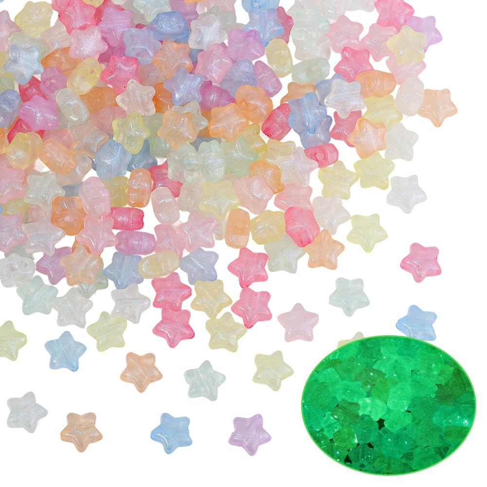 PONABEADIY 1 Box 300PCS Acrylic Luminous Star Beads with Hole Glow in the Dark Pony Stars Pastel Colorful Glitter Cute Plastic Loose Spacer Bead for Jewellery Making Bracelets Hair Braids DIY Crafts