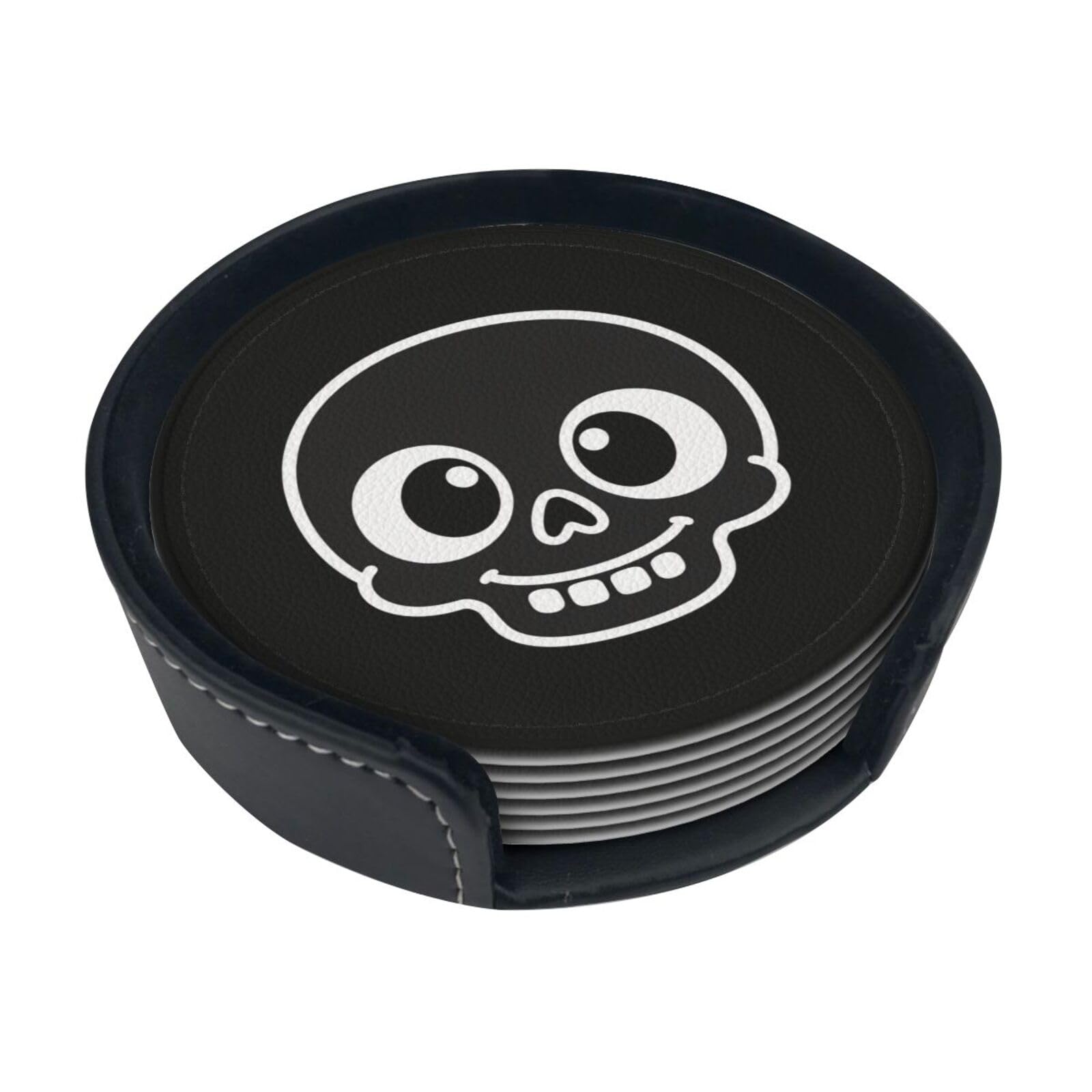 Cute Flat Skull Leather Coasters-Set of 6 with Storage Holder