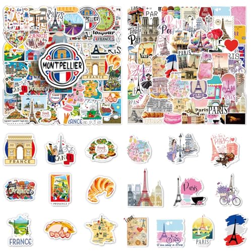 JYNVO 2 X 50 Pezzi Francia Adesivi Viaggi, adesivi per la città di Parigi, vintage, in vinile, impermeabili Stickers Aesthetic per Bottiglia d'Acqua Computer Portatile Bagaglio Scrapbooking Valigia