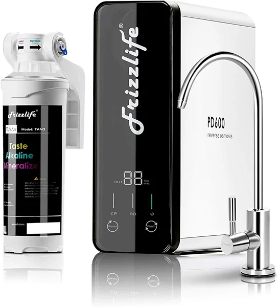 Frizzlife Reverse Osmosis Water Filter - Alkaline Mineral pH+, 600 GPD High Flow, Tankless RO Reverse Osmosis System, Under Sink, Reduce TDS, Compact, 2:1 Drain Ratio, PD600-TAM3 PD600-TAM3 