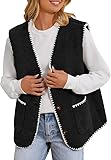 Nicfazy Women Fleece Lightweight Vest V Neck Open Front Button Down Sleeveless Casual Warm Sherpa Outwear with Pockets (Black-M)