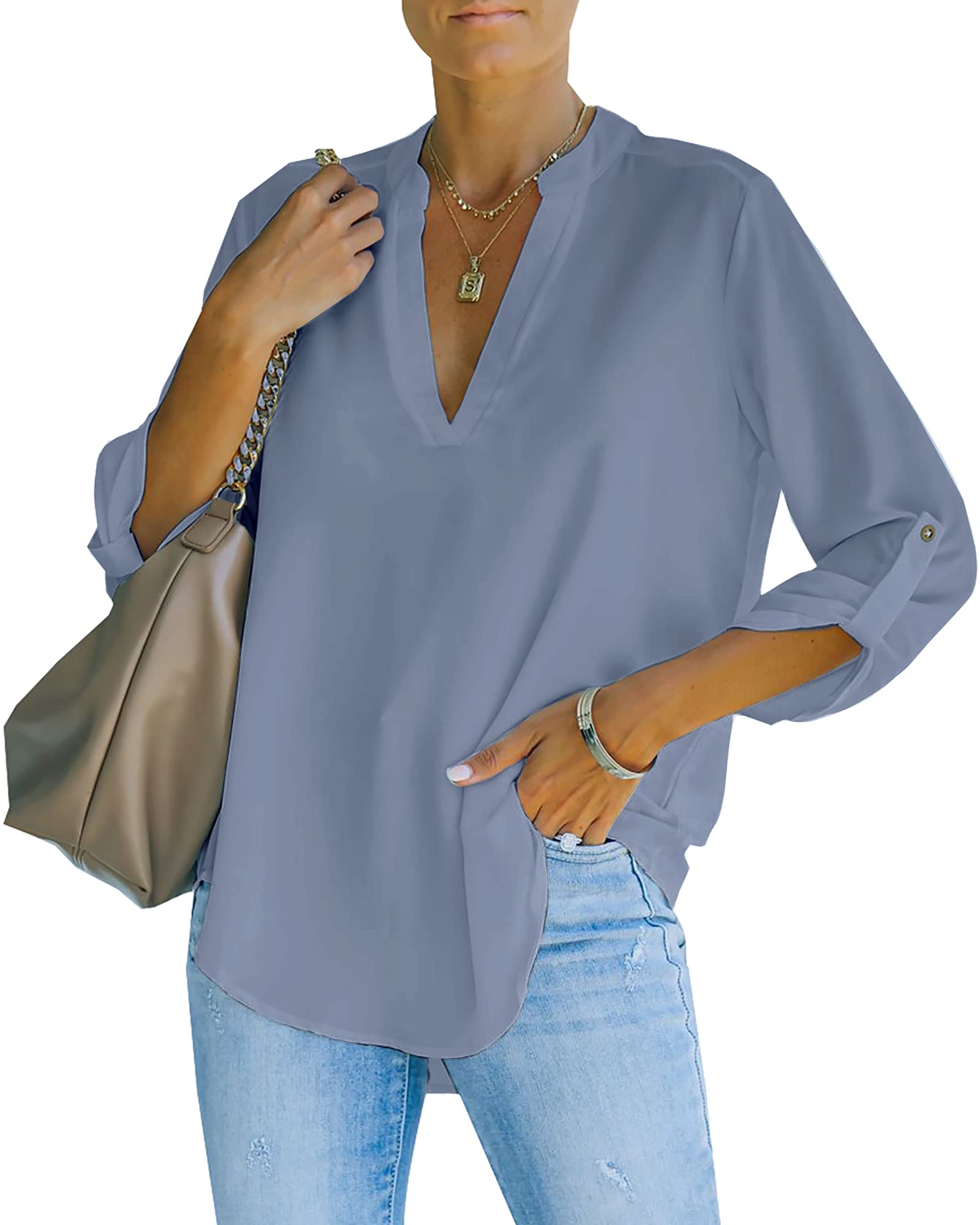 NONSAR Camicetta da donna Henley, elegante, con scollo a V, maniche arrotolabili, in stile casual