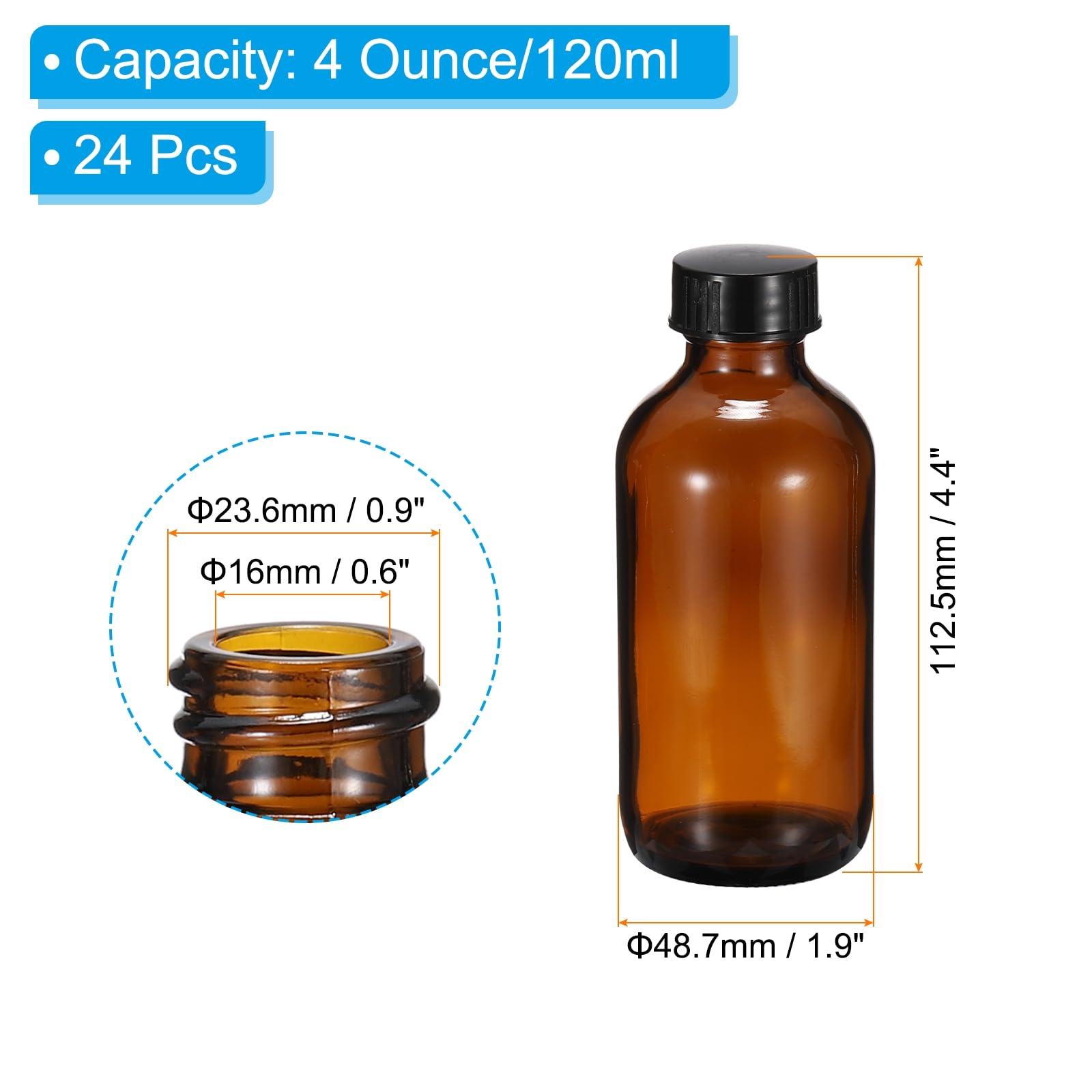 PATIKIL Bottiglie in vetro per campioni da 120 ml, 24 bottiglie rotonde con tappo a cono nero per liquidi reagenti, oli essenziali, profumi, ambra