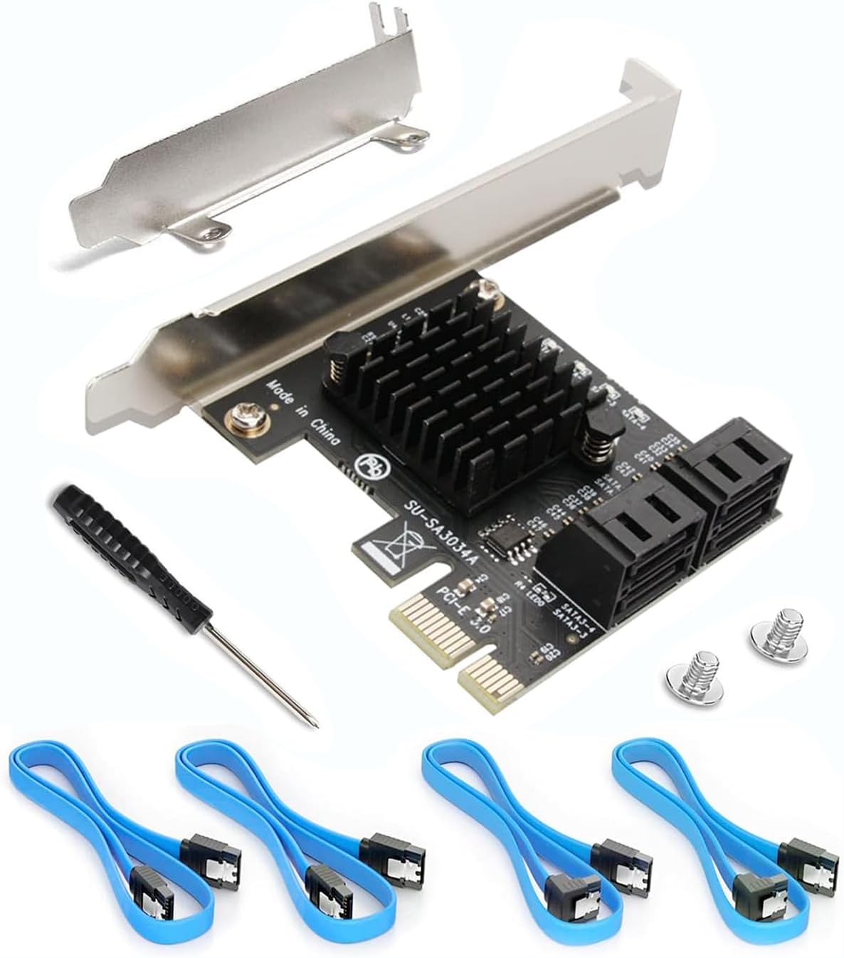 SATA Card PCIE 3.0, 4 Port with 4 Cables, Controller Expansion Card with Low Profile Bracket, Non-Raid, Boot as System Disk, Support 4 SATA 3.0 Devices
