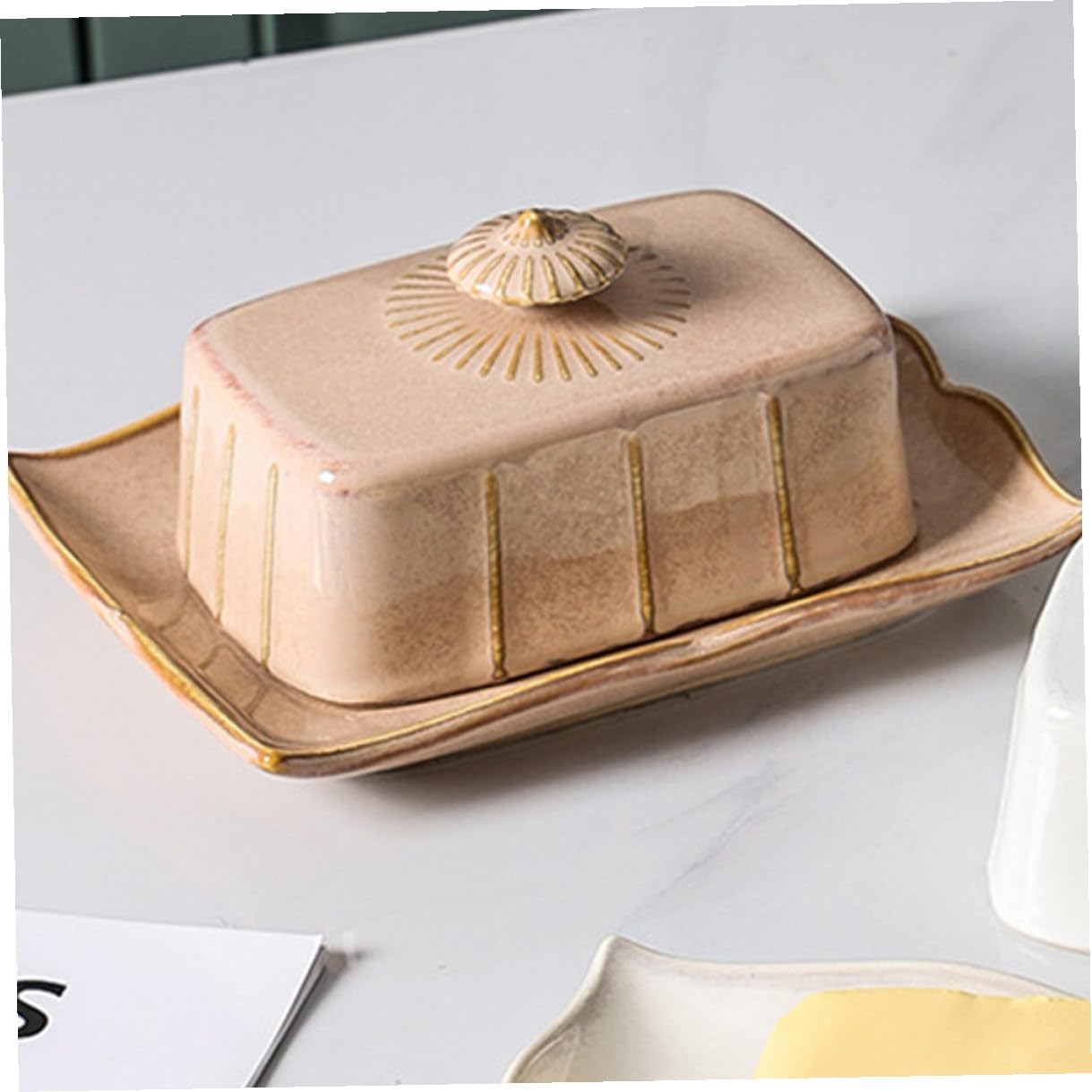 Ceramic Butter Box with Lid for Snack Service Plate Food-grade Porcelain Storage Tray for Butter Cheese Desserts and Snacks Tableware Dish in Khaki Color Freshness-preserving